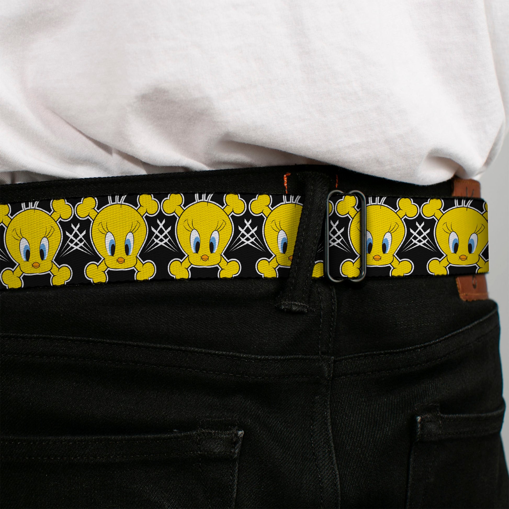 Looney Tunes Logo Full Color White Seatbelt Belt - Tweety Bird & Crossbones Black/White/Yellow Webbing Seatbelt Belts Looney Tunes