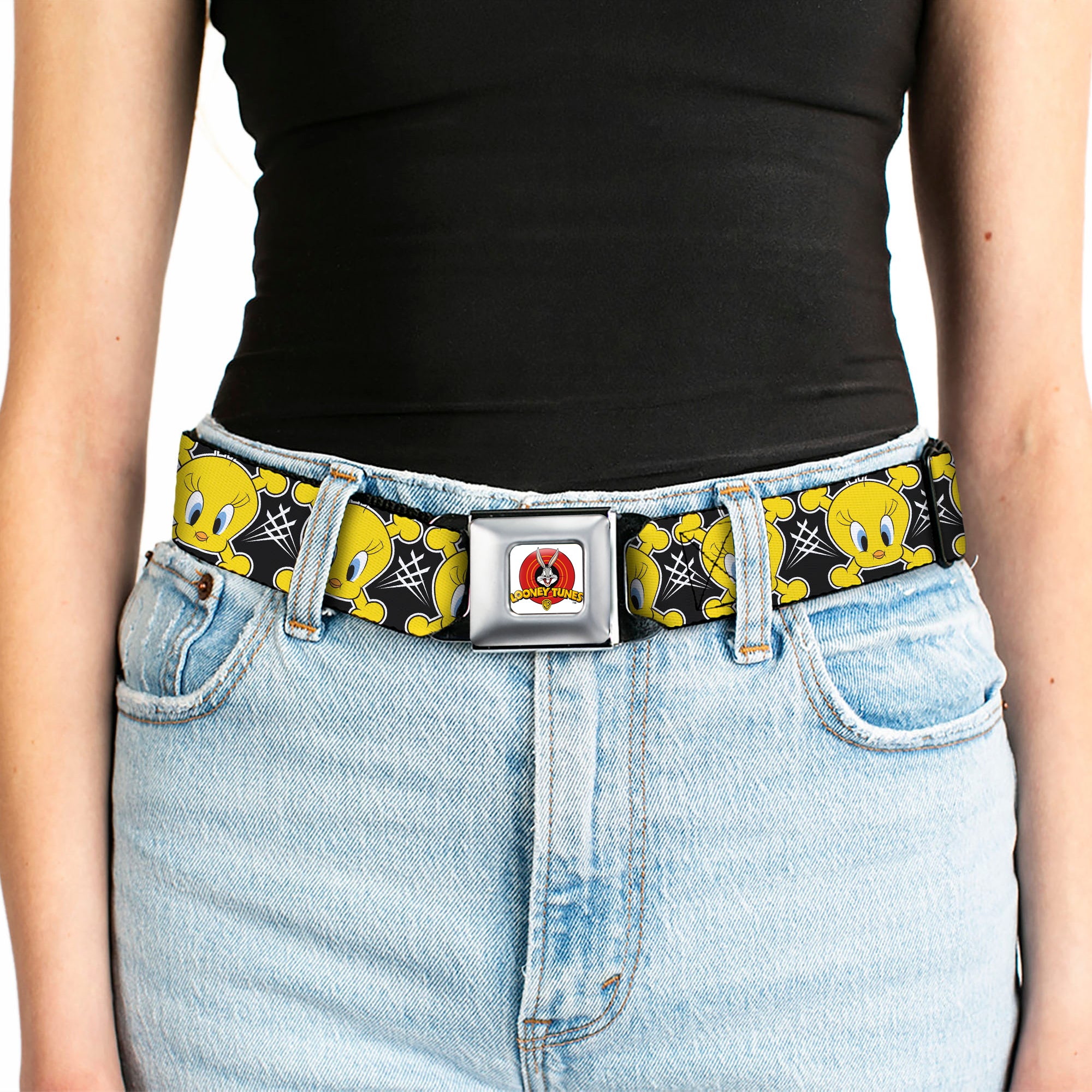 Looney Tunes Logo Full Color White Seatbelt Belt - Tweety Bird & Crossbones Black/White/Yellow Webbing Seatbelt Belts Looney Tunes