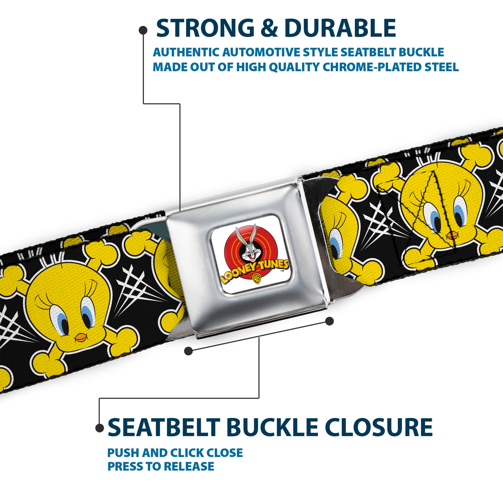Looney Tunes Logo Full Color White Seatbelt Belt - Tweety Bird & Crossbones Black/White/Yellow Webbing Seatbelt Belts Looney Tunes