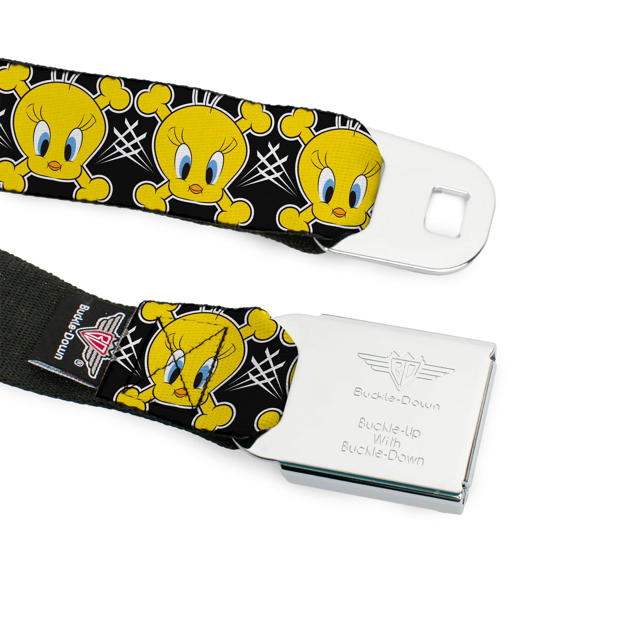 Looney Tunes Logo Full Color White Seatbelt Belt - Tweety Bird & Crossbones Black/White/Yellow Webbing Seatbelt Belts Looney Tunes