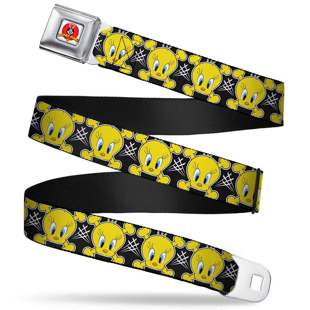 Looney Tunes Logo Full Color White Seatbelt Belt - Tweety Bird & Crossbones Black/White/Yellow Webbing Seatbelt Belts Looney Tunes