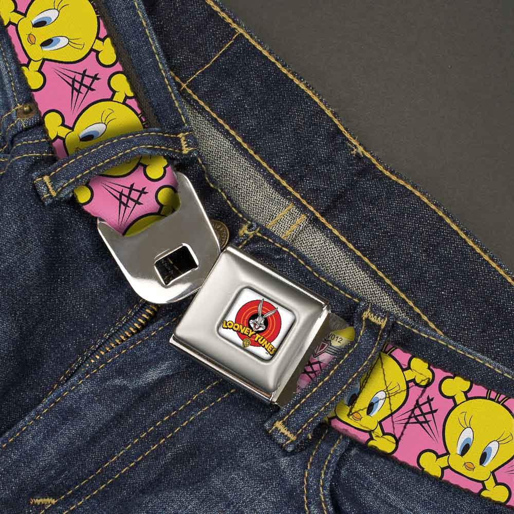 Looney Tunes Logo Full Color White Seatbelt Belt - Tweety Bird & Crossbones Pink/Black/Yellow Webbing Seatbelt Belts Looney Tunes
