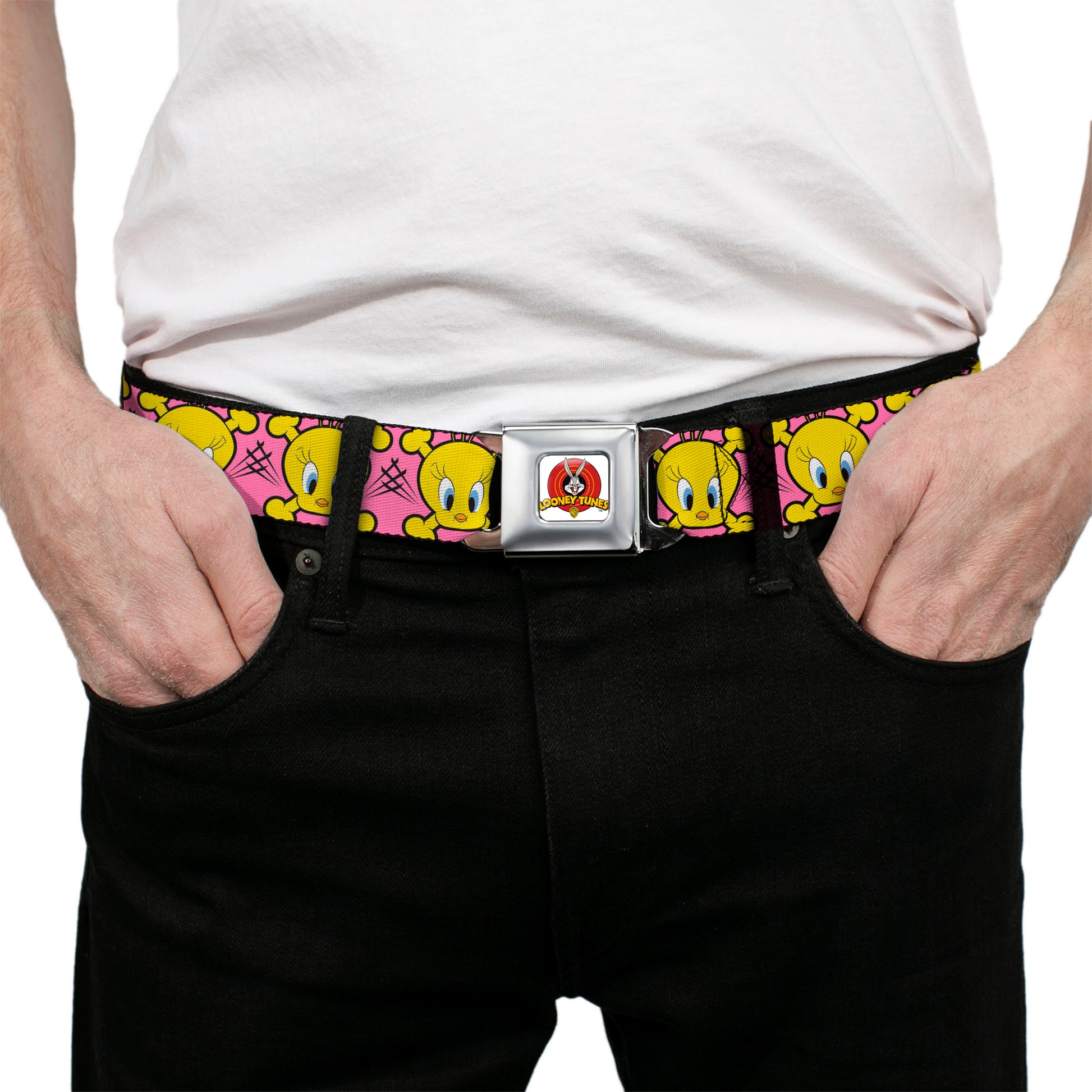 Looney Tunes Logo Full Color White Seatbelt Belt - Tweety Bird & Crossbones Pink/Black/Yellow Webbing Seatbelt Belts Looney Tunes