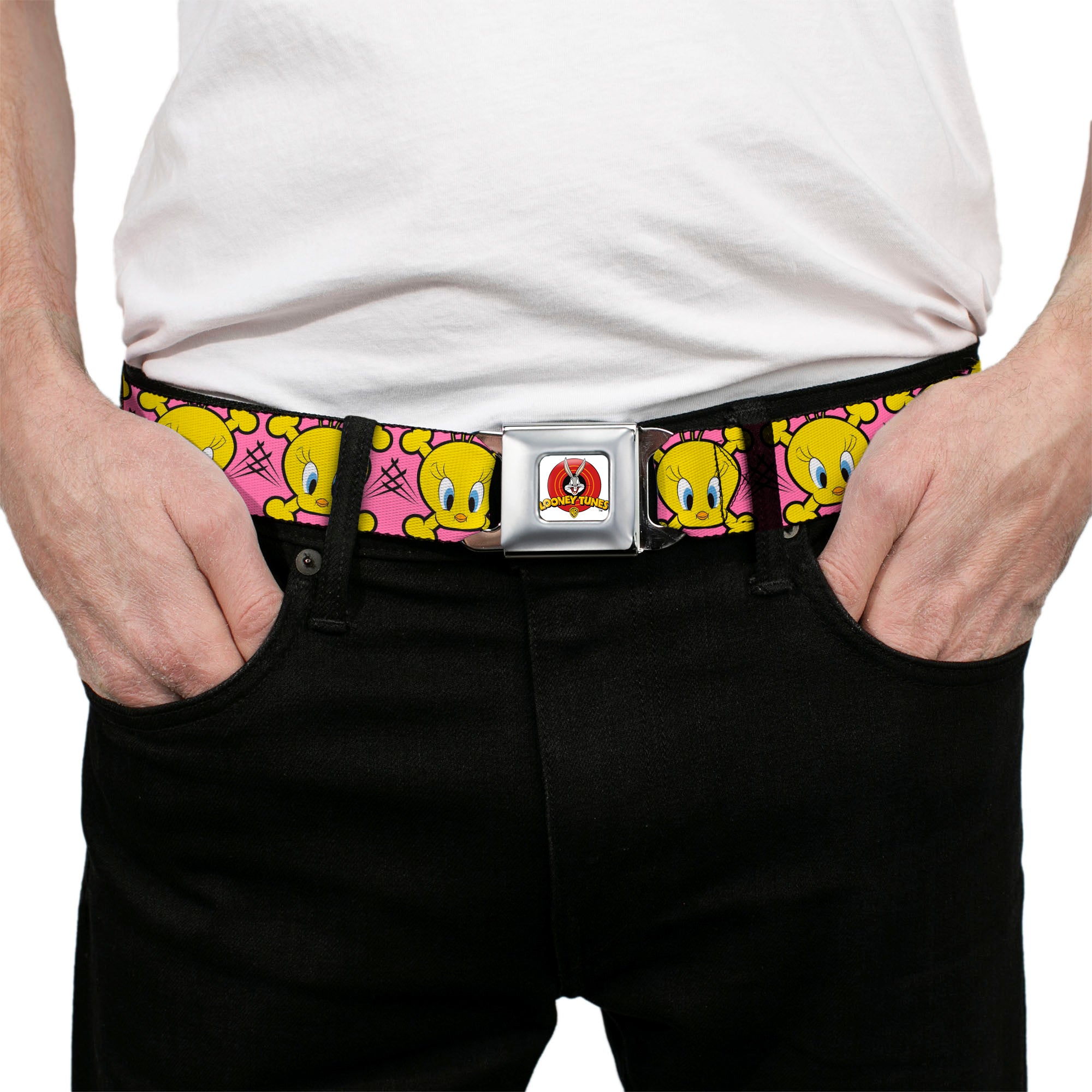 Looney Tunes Logo Full Color White Seatbelt Belt - Tweety Bird & Crossbones Pink/Black/Yellow Webbing Seatbelt Belts Looney Tunes