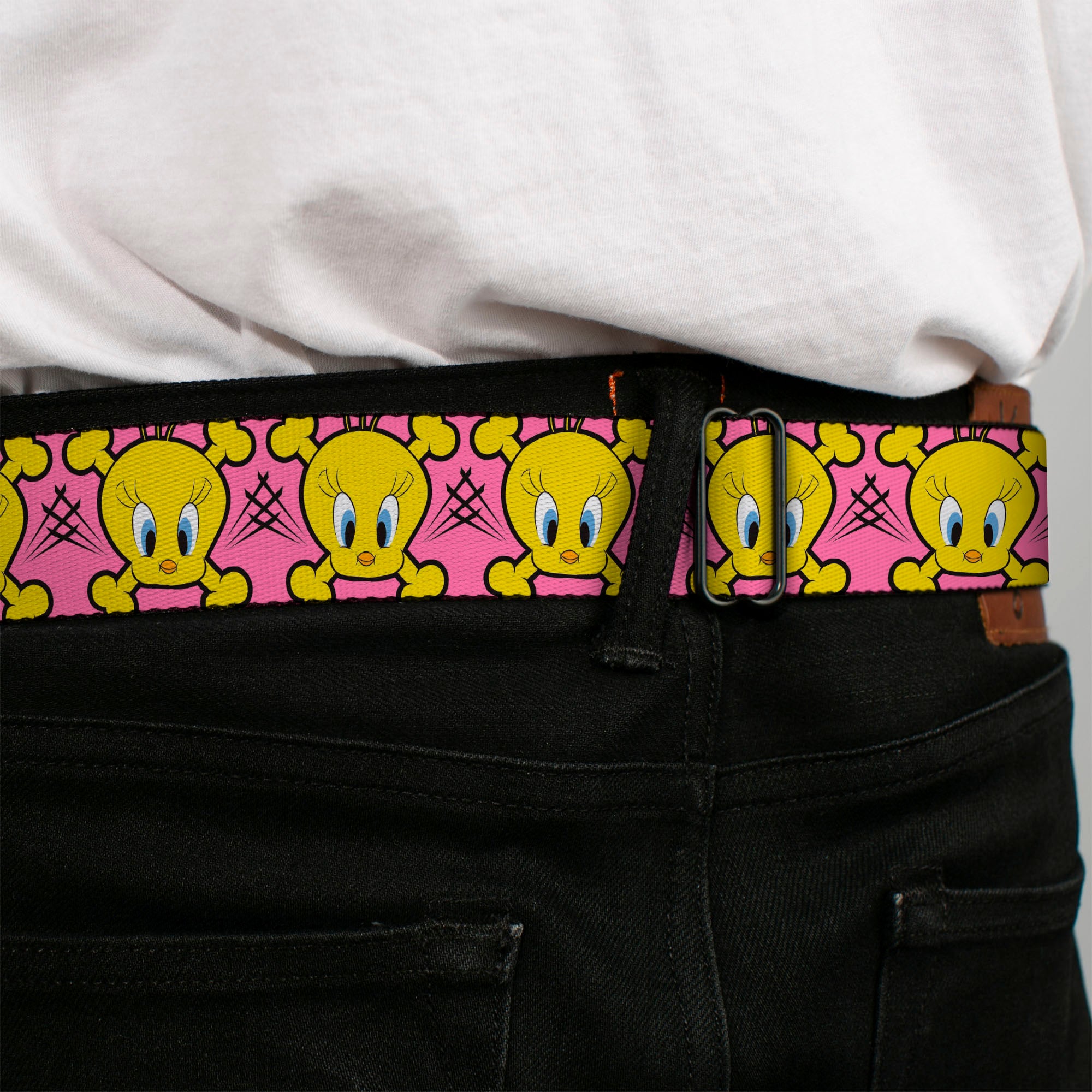 Looney Tunes Logo Full Color White Seatbelt Belt - Tweety Bird & Crossbones Pink/Black/Yellow Webbing Seatbelt Belts Looney Tunes