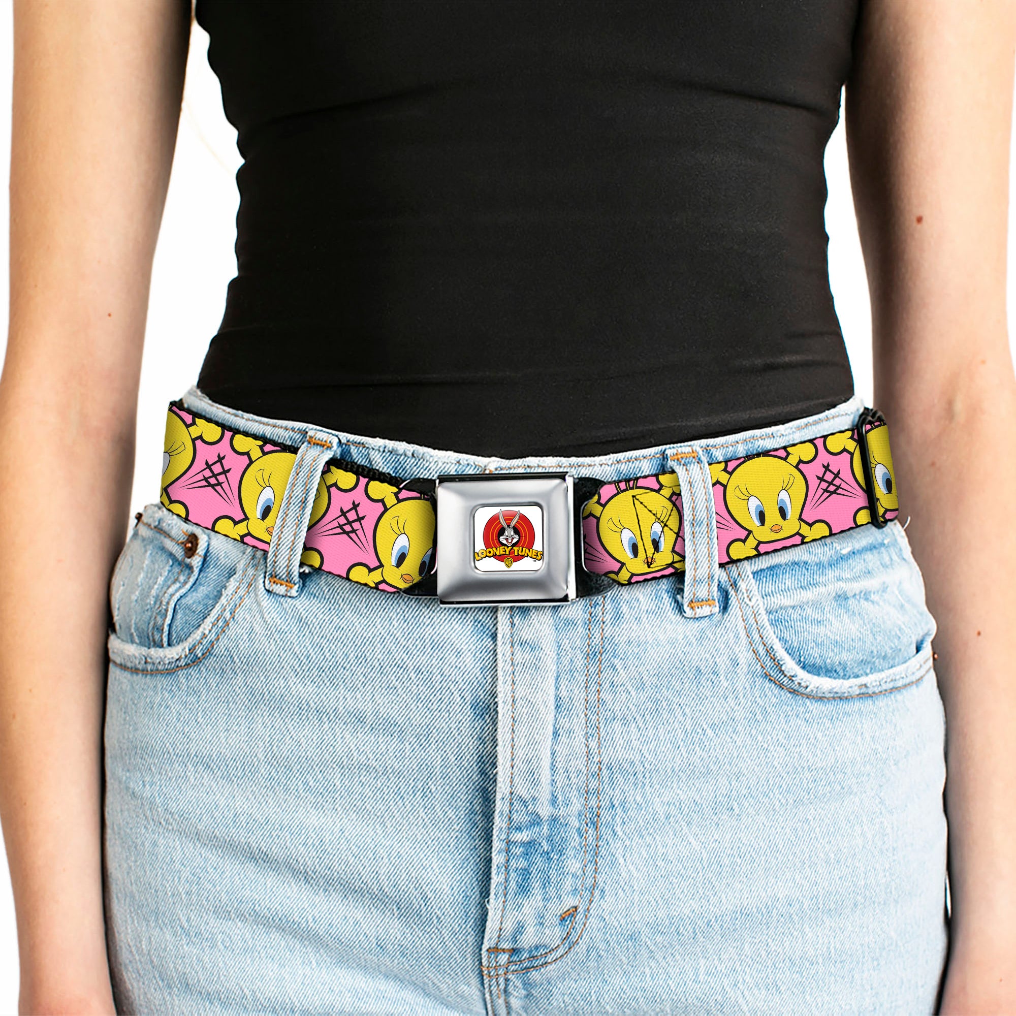 Looney Tunes Logo Full Color White Seatbelt Belt - Tweety Bird & Crossbones Pink/Black/Yellow Webbing Seatbelt Belts Looney Tunes