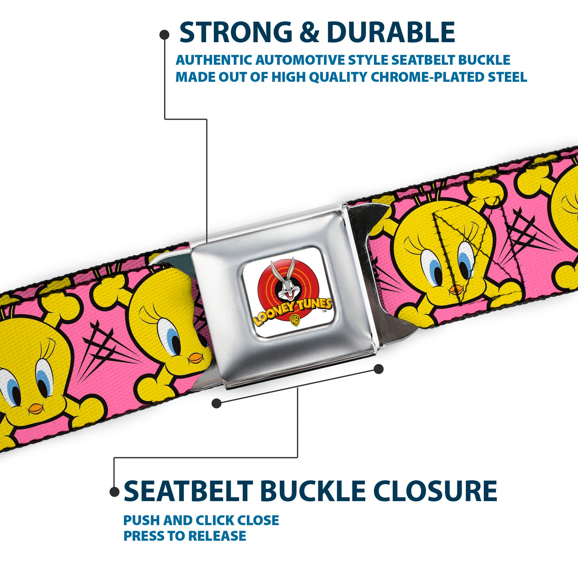 Looney Tunes Logo Full Color White Seatbelt Belt - Tweety Bird & Crossbones Pink/Black/Yellow Webbing Seatbelt Belts Looney Tunes