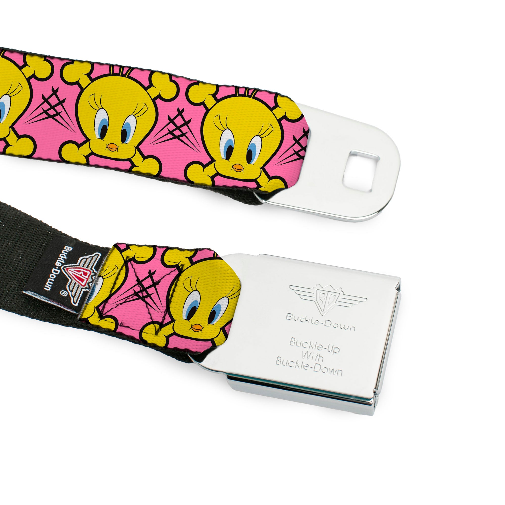 Looney Tunes Logo Full Color White Seatbelt Belt - Tweety Bird & Crossbones Pink/Black/Yellow Webbing Seatbelt Belts Looney Tunes