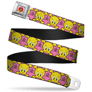 Looney Tunes Logo Full Color White Seatbelt Belt - Tweety Bird & Crossbones Pink/Black/Yellow Webbing Seatbelt Belts Looney Tunes