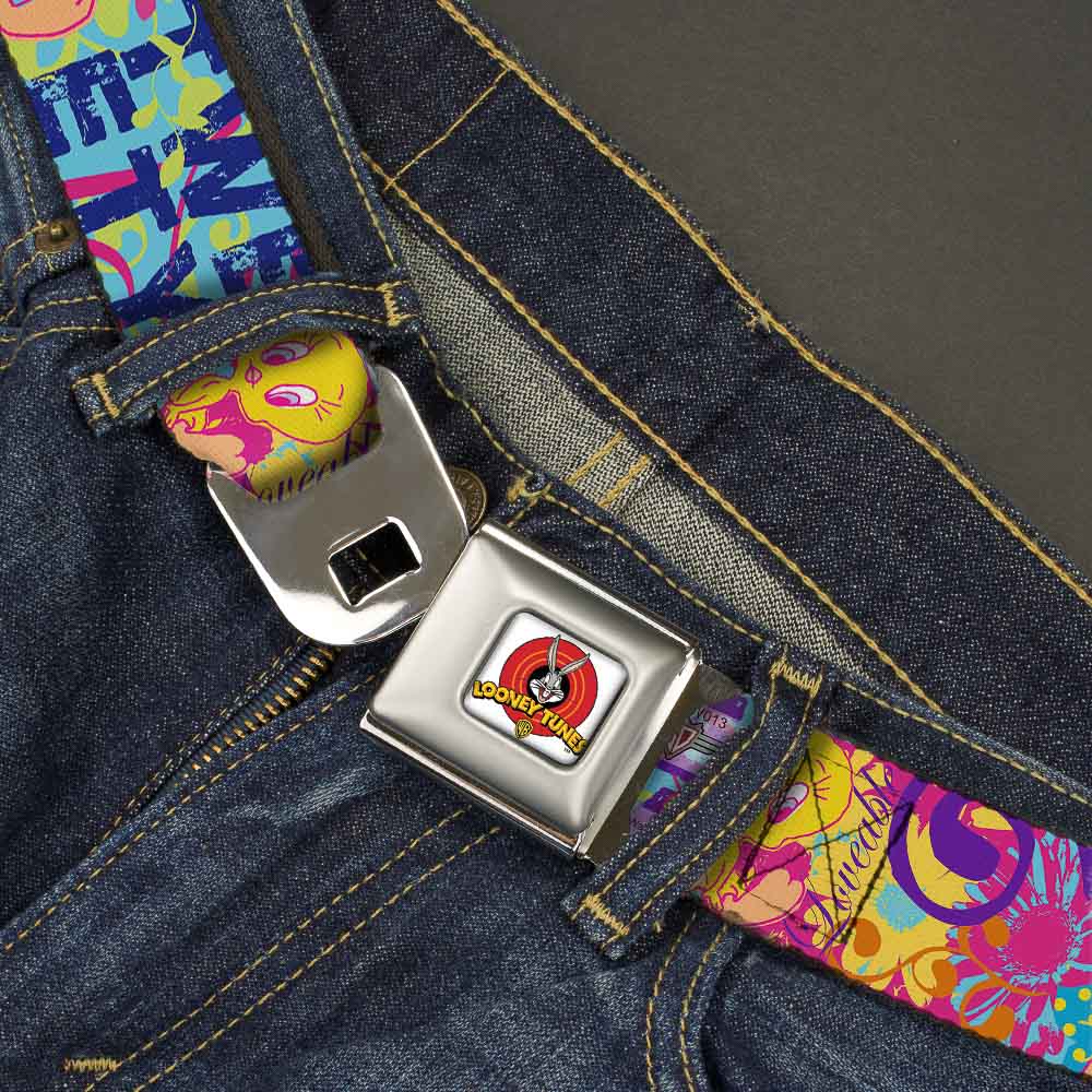Looney Tunes Logo Full Color White Seatbelt Belt - Tweety Bird Poses LITTLE CUTIE-LOVEABLE Blue/Multi Color Webbing Seatbelt Belts Looney Tunes