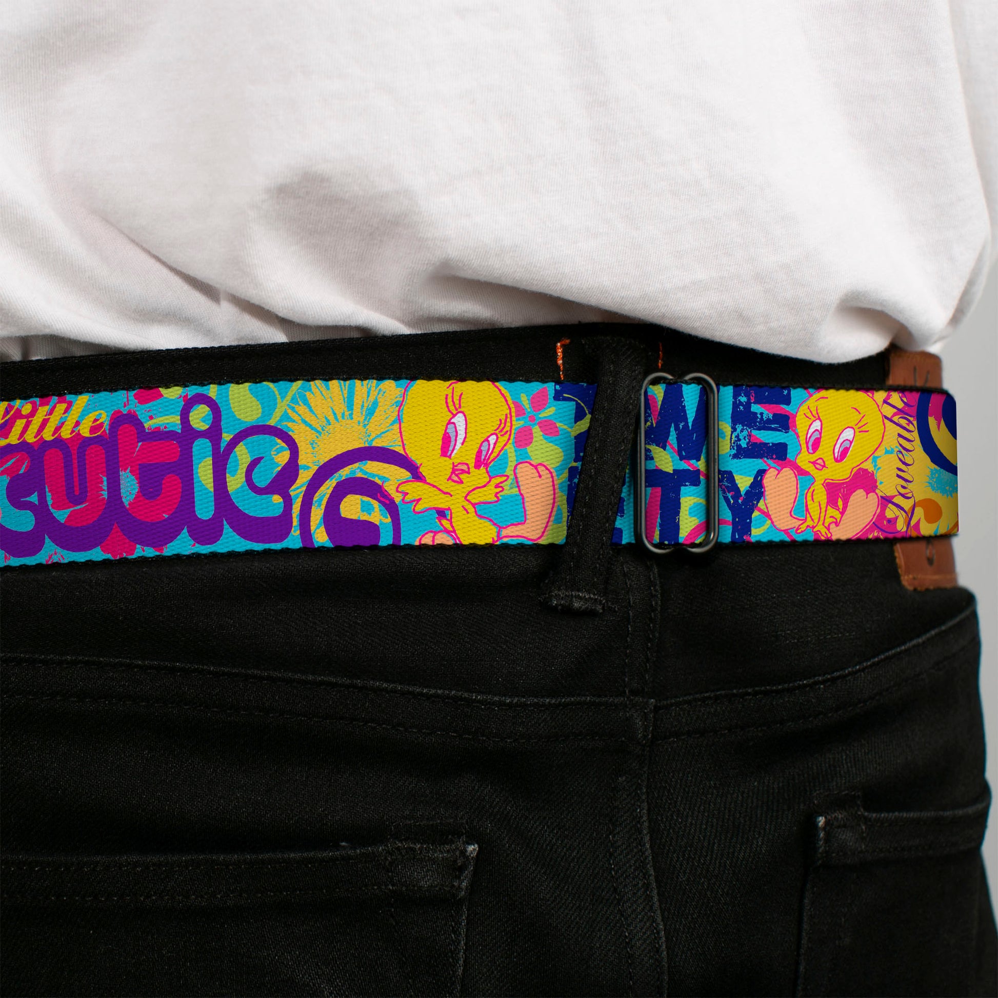 Looney Tunes Logo Full Color White Seatbelt Belt - Tweety Bird Poses LITTLE CUTIE-LOVEABLE Blue/Multi Color Webbing Seatbelt Belts Looney Tunes