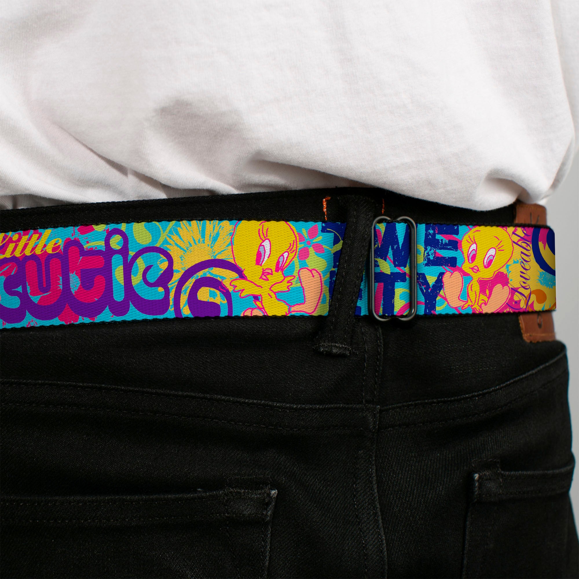 Looney Tunes Logo Full Color White Seatbelt Belt - Tweety Bird Poses LITTLE CUTIE-LOVEABLE Blue/Multi Color Webbing Seatbelt Belts Looney Tunes