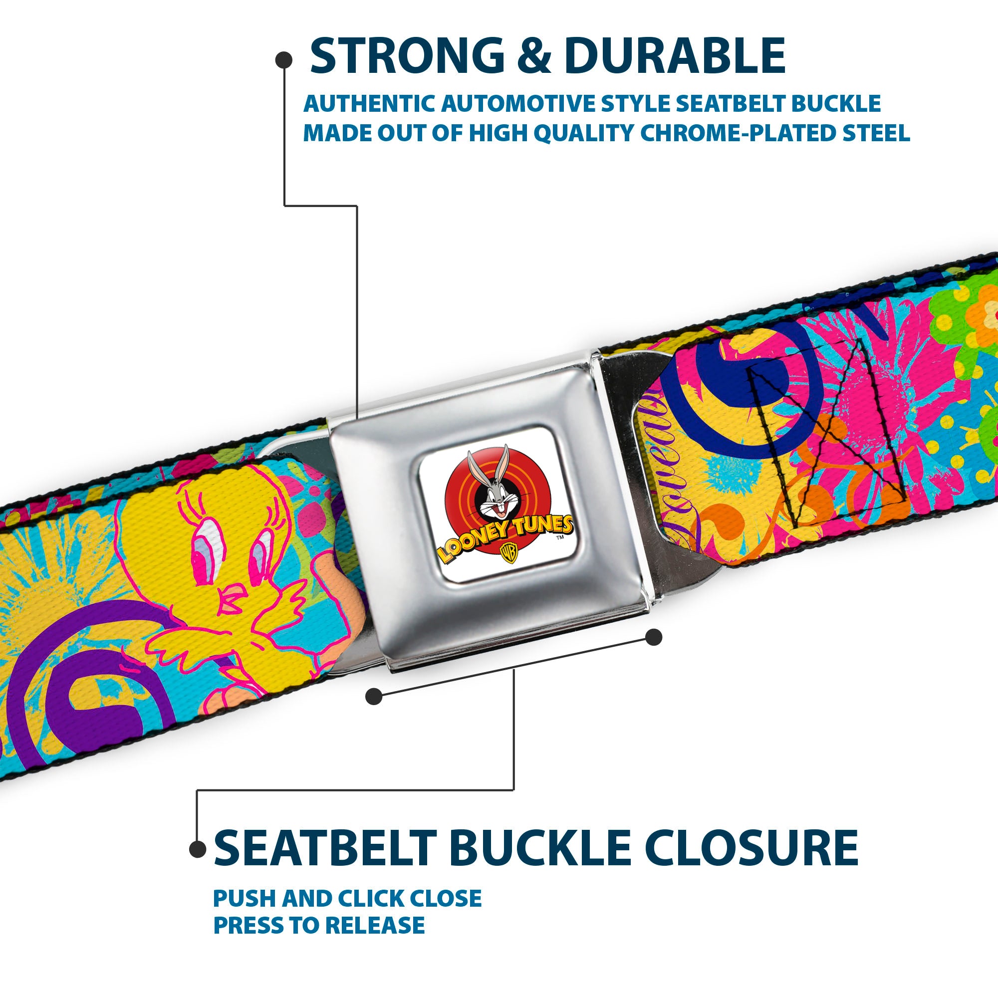 Looney Tunes Logo Full Color White Seatbelt Belt - Tweety Bird Poses LITTLE CUTIE-LOVEABLE Blue/Multi Color Webbing Seatbelt Belts Looney Tunes