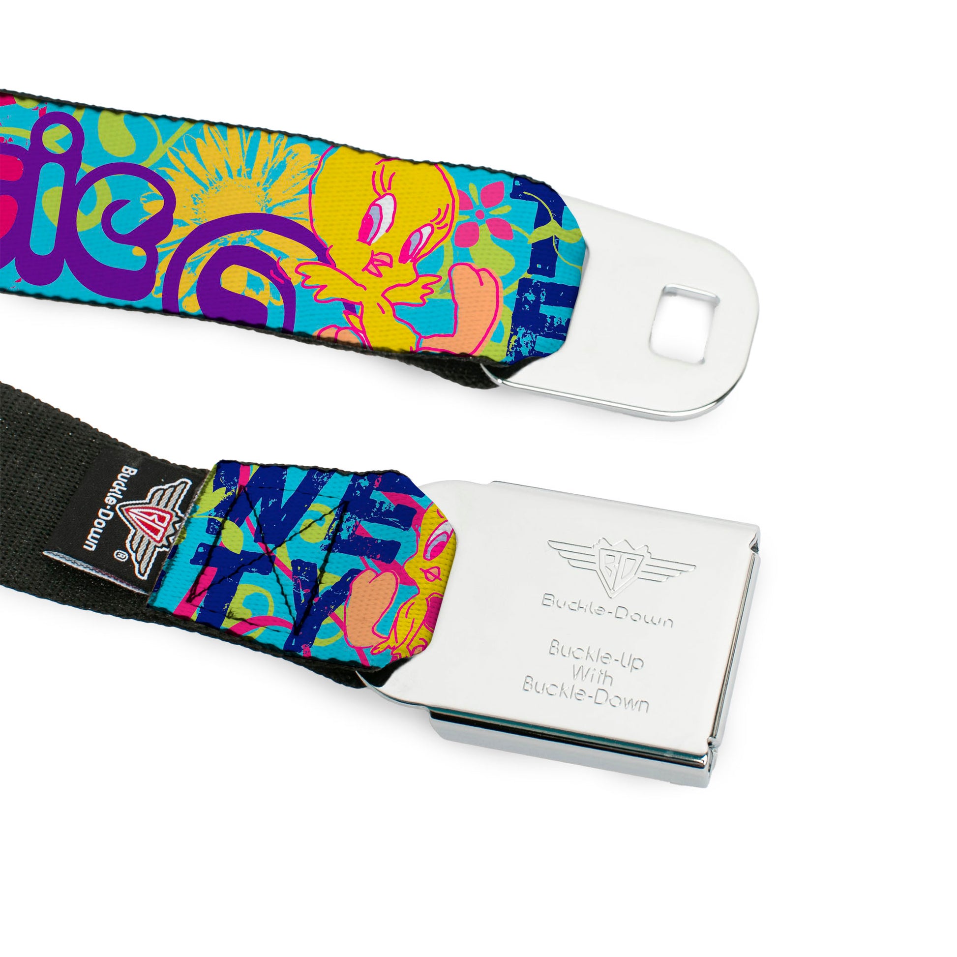 Looney Tunes Logo Full Color White Seatbelt Belt - Tweety Bird Poses LITTLE CUTIE-LOVEABLE Blue/Multi Color Webbing Seatbelt Belts Looney Tunes