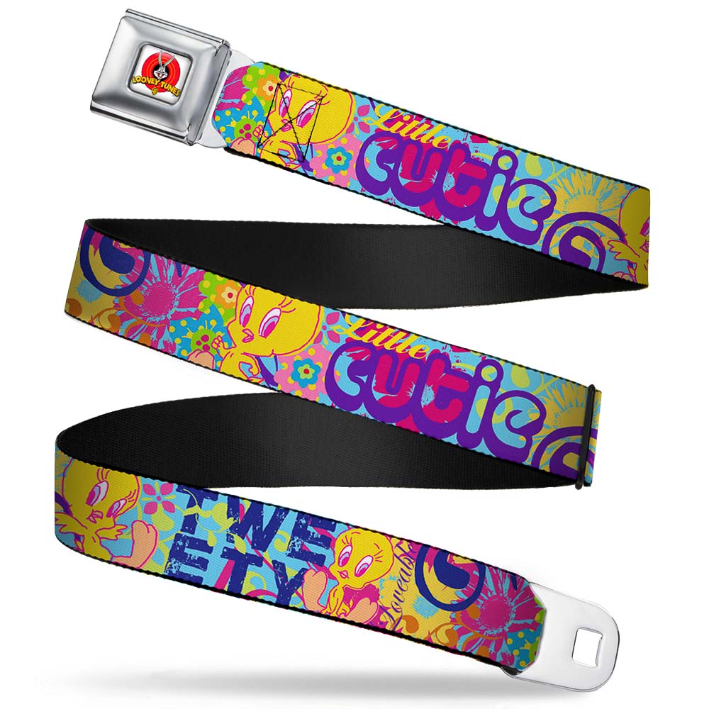Looney Tunes Logo Full Color White Seatbelt Belt - Tweety Bird Poses LITTLE CUTIE-LOVEABLE Blue/Multi Color Webbing Seatbelt Belts Looney Tunes