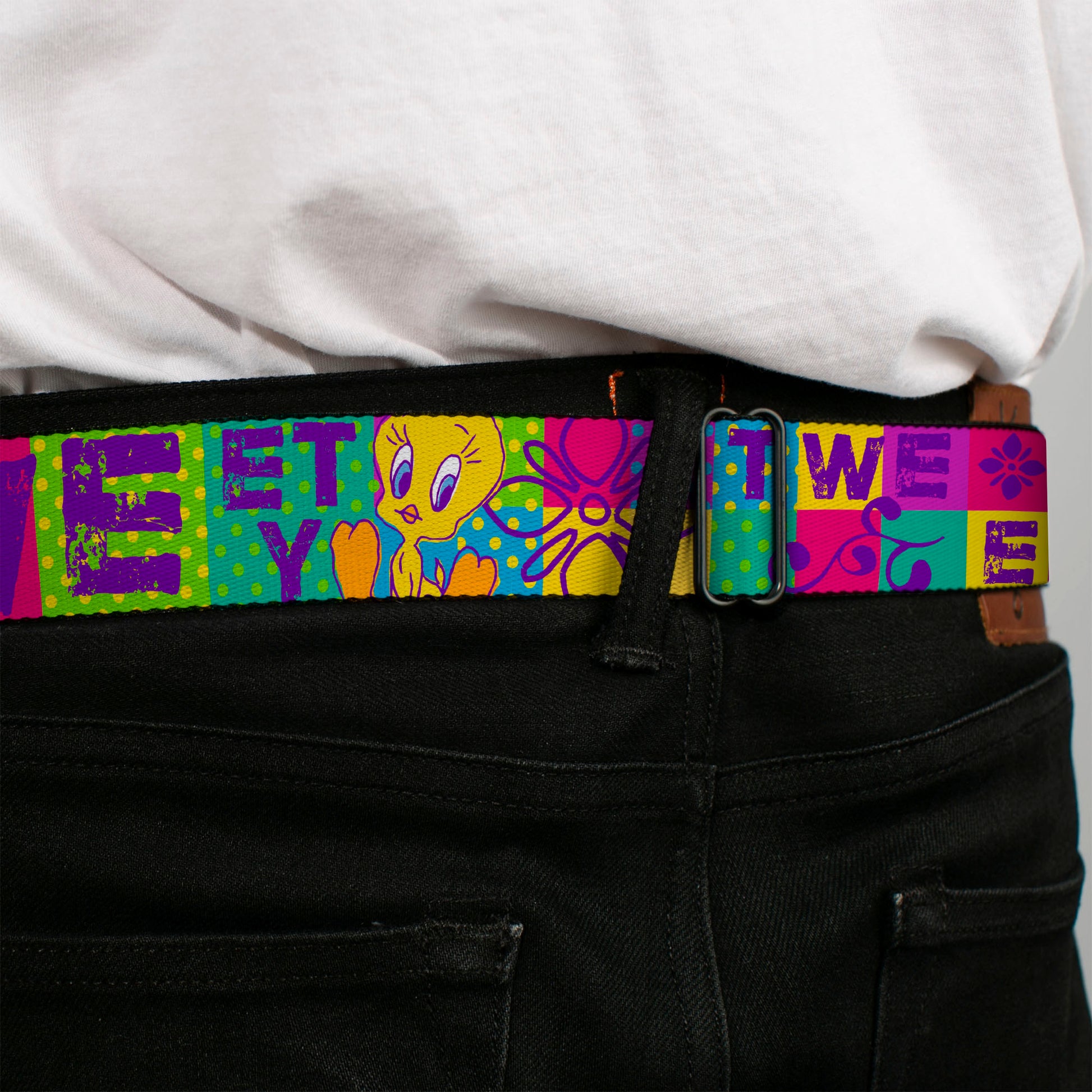 Looney Tunes Logo Full Color White Seatbelt Belt - TWEETY Letter Blocks Polka Dot Multi Color Webbing Seatbelt Belts Looney Tunes