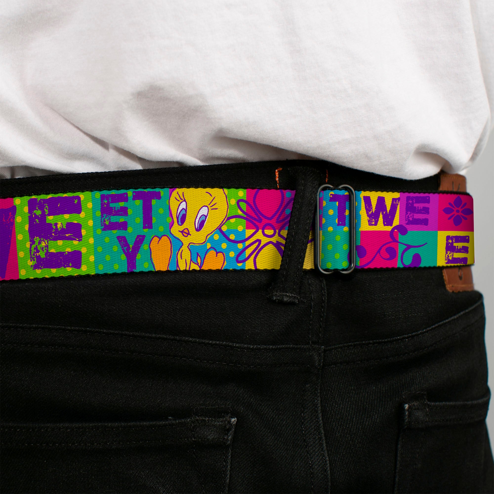 Looney Tunes Logo Full Color White Seatbelt Belt - TWEETY Letter Blocks Polka Dot Multi Color Webbing Seatbelt Belts Looney Tunes