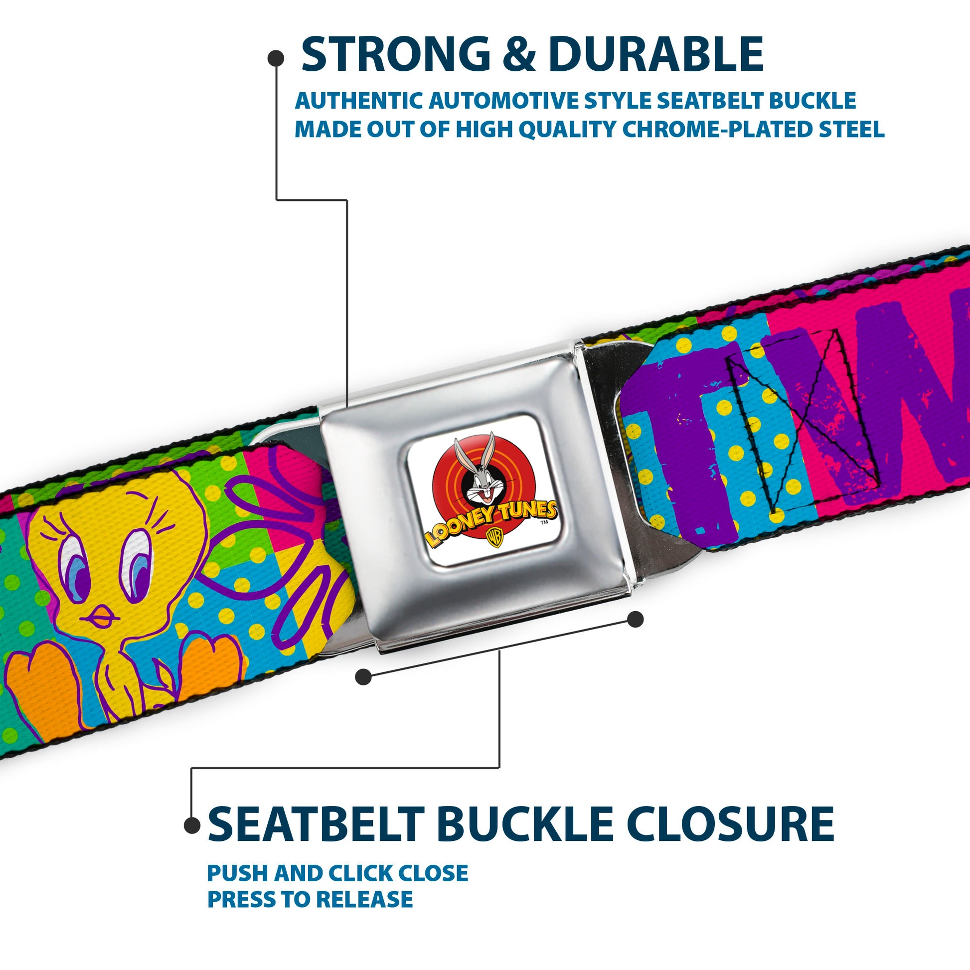 Looney Tunes Logo Full Color White Seatbelt Belt - TWEETY Letter Blocks Polka Dot Multi Color Webbing Seatbelt Belts Looney Tunes