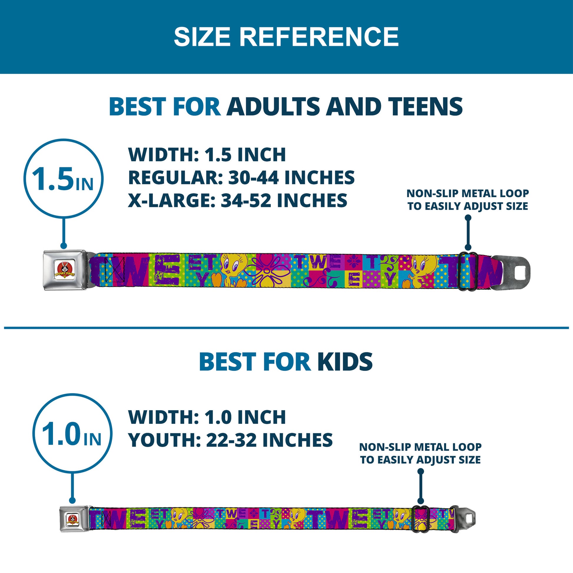 Looney Tunes Logo Full Color White Seatbelt Belt - TWEETY Letter Blocks Polka Dot Multi Color Webbing Seatbelt Belts Looney Tunes