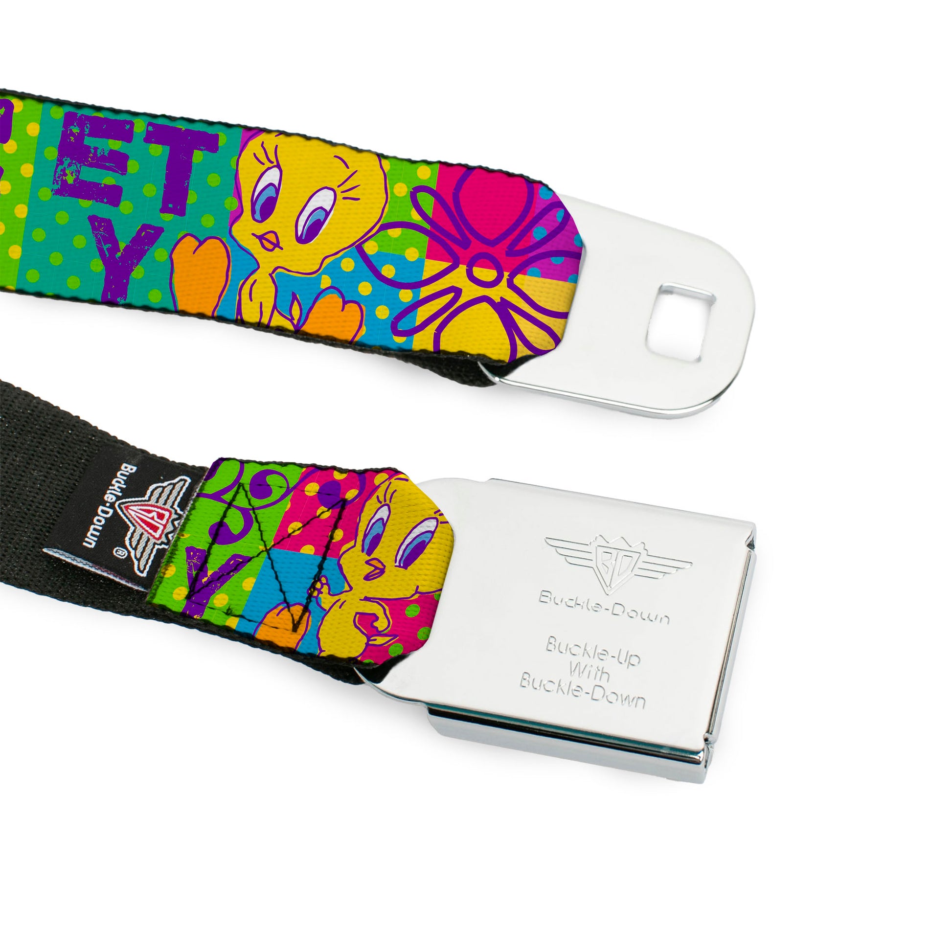 Looney Tunes Logo Full Color White Seatbelt Belt - TWEETY Letter Blocks Polka Dot Multi Color Webbing Seatbelt Belts Looney Tunes