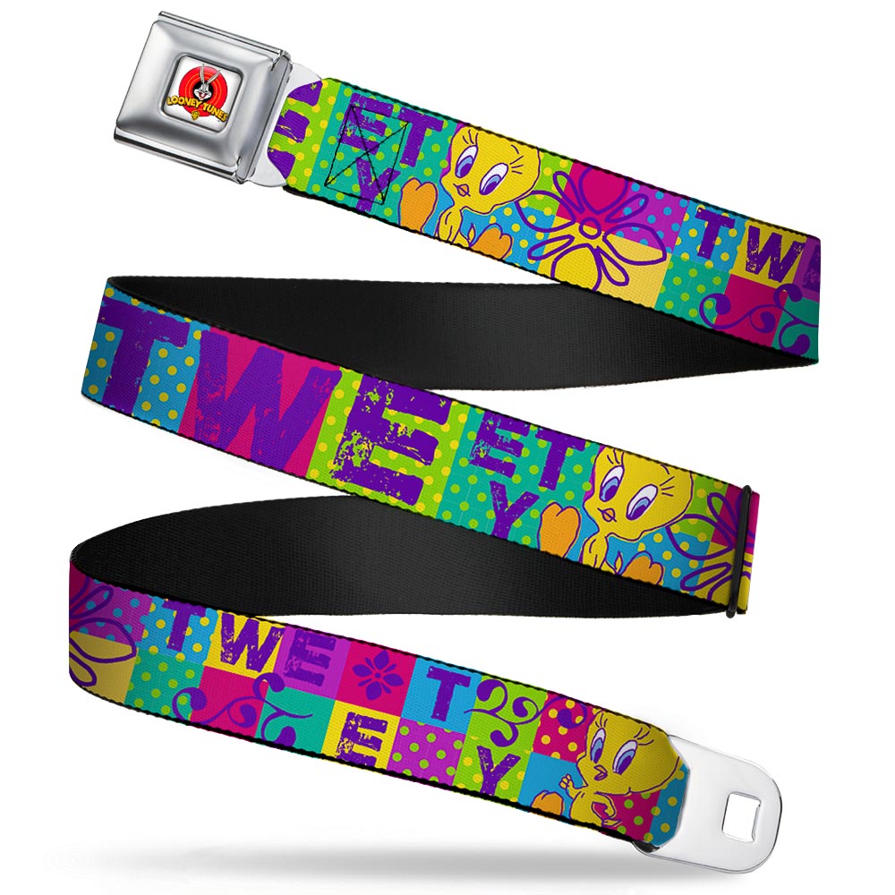 Looney Tunes Logo Full Color White Seatbelt Belt - TWEETY Letter Blocks Polka Dot Multi Color Webbing Seatbelt Belts Looney Tunes