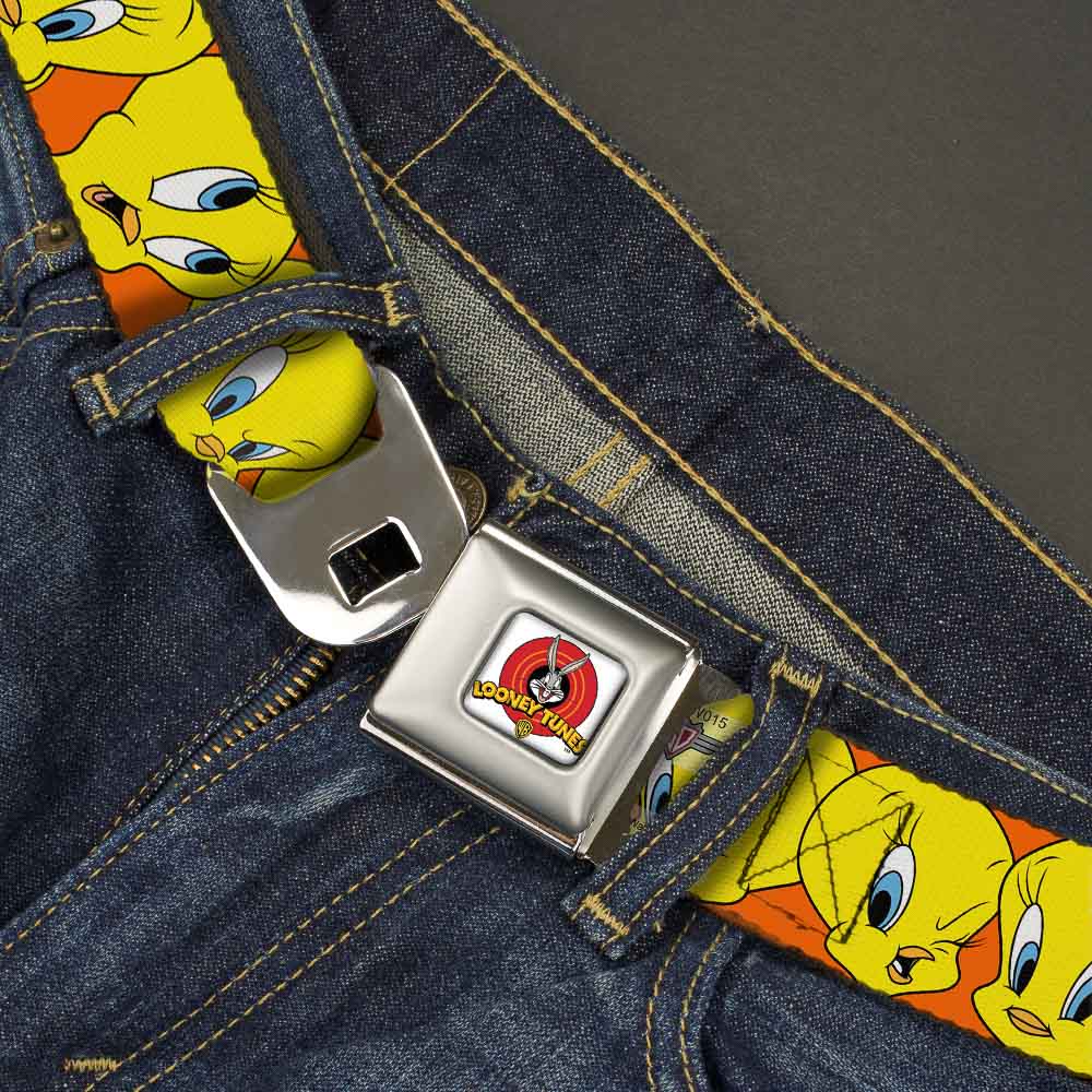 Looney Tunes Logo Full Color White Seatbelt Belt - Tweety Bird CLOSE-UP Expressions Orange Webbing Seatbelt Belts Looney Tunes
