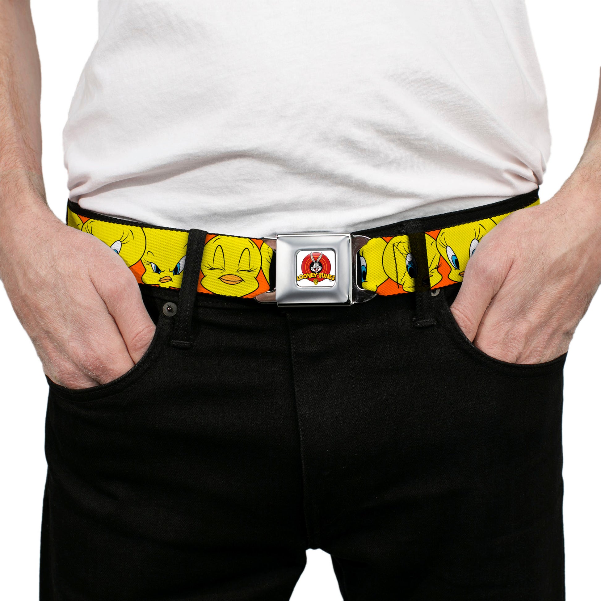 Looney Tunes Logo Full Color White Seatbelt Belt - Tweety Bird CLOSE-UP Expressions Orange Webbing Seatbelt Belts Looney Tunes