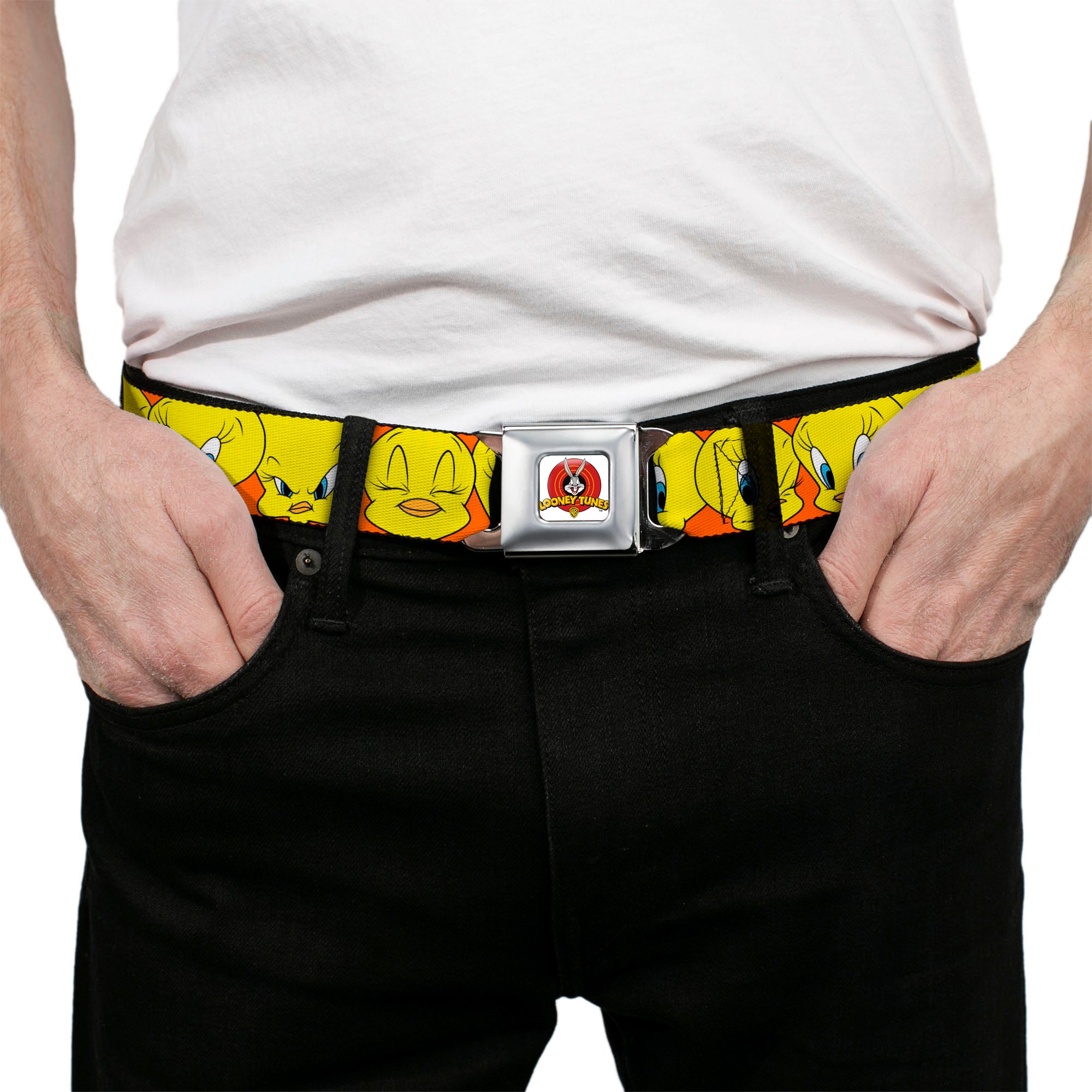 Looney Tunes Logo Full Color White Seatbelt Belt - Tweety Bird CLOSE-UP Expressions Orange Webbing Seatbelt Belts Looney Tunes