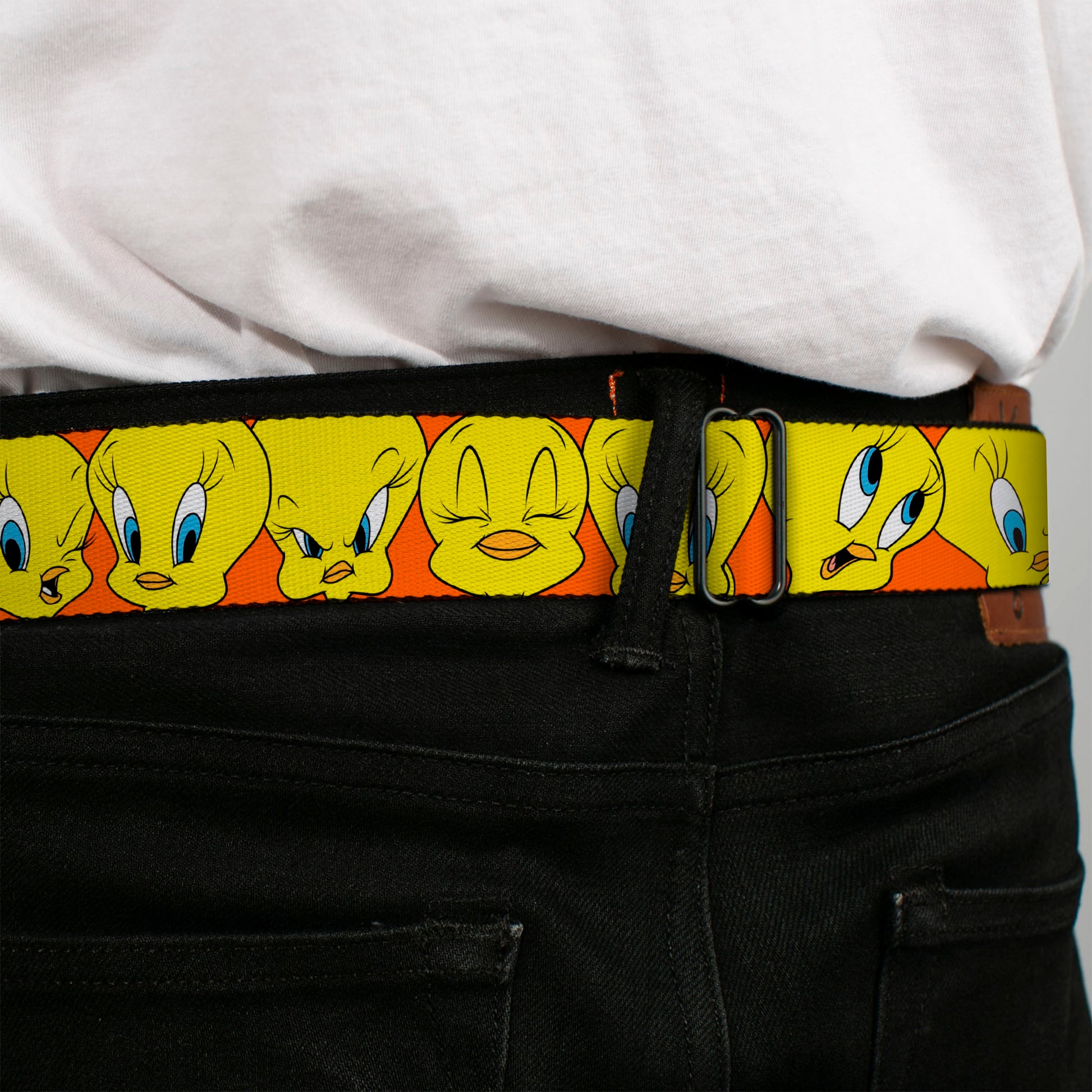 Looney Tunes Logo Full Color White Seatbelt Belt - Tweety Bird CLOSE-UP Expressions Orange Webbing Seatbelt Belts Looney Tunes
