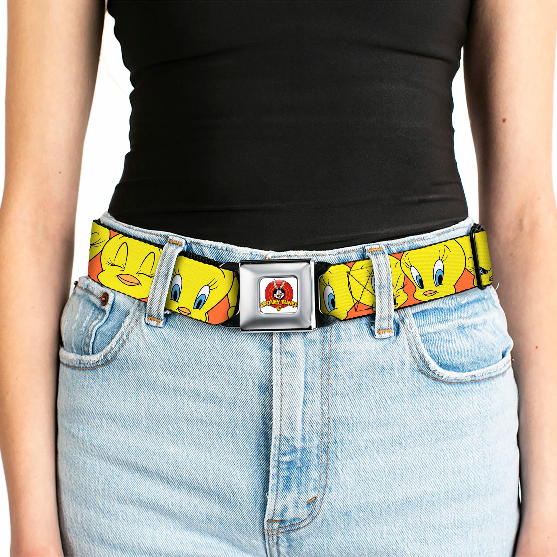 Looney Tunes Logo Full Color White Seatbelt Belt - Tweety Bird CLOSE-UP Expressions Orange Webbing Seatbelt Belts Looney Tunes