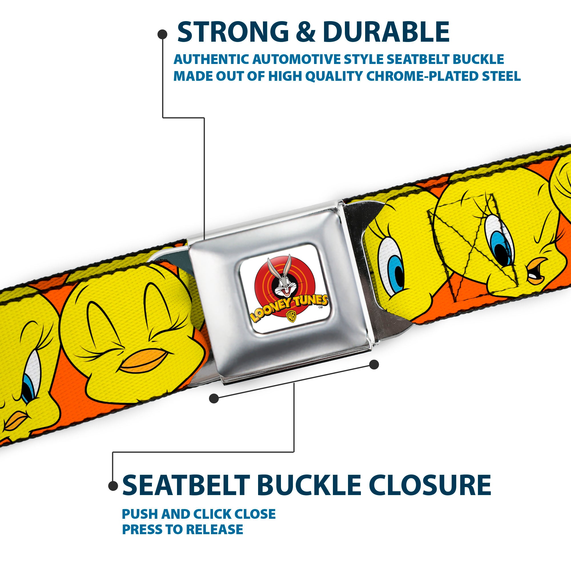 Looney Tunes Logo Full Color White Seatbelt Belt - Tweety Bird CLOSE-UP Expressions Orange Webbing Seatbelt Belts Looney Tunes