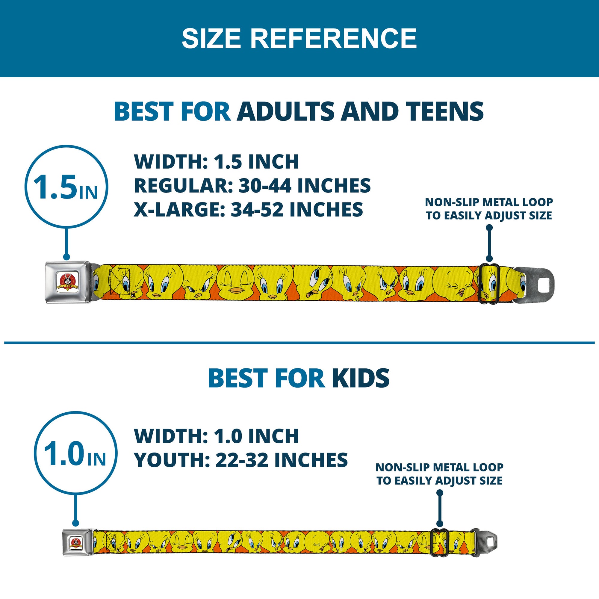 Looney Tunes Logo Full Color White Seatbelt Belt - Tweety Bird CLOSE-UP Expressions Orange Webbing Seatbelt Belts Looney Tunes