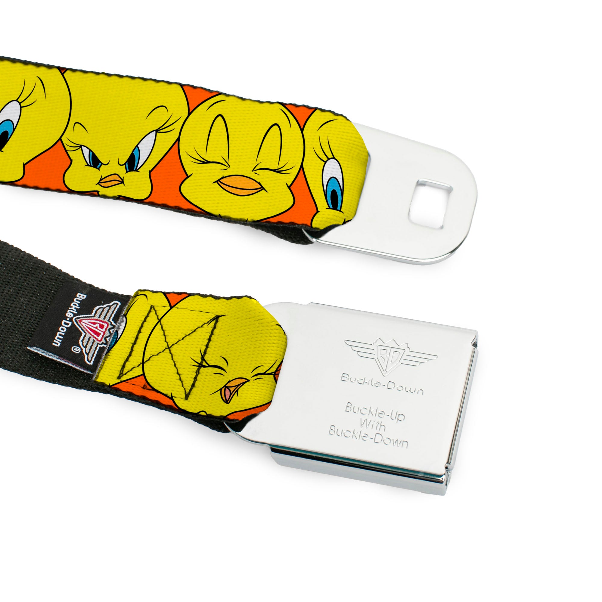 Looney Tunes Logo Full Color White Seatbelt Belt - Tweety Bird CLOSE-UP Expressions Orange Webbing Seatbelt Belts Looney Tunes