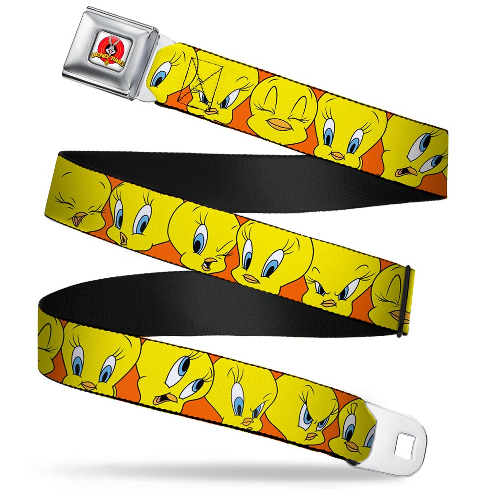 Looney Tunes Logo Full Color White Seatbelt Belt - Tweety Bird CLOSE-UP Expressions Orange Webbing Seatbelt Belts Looney Tunes