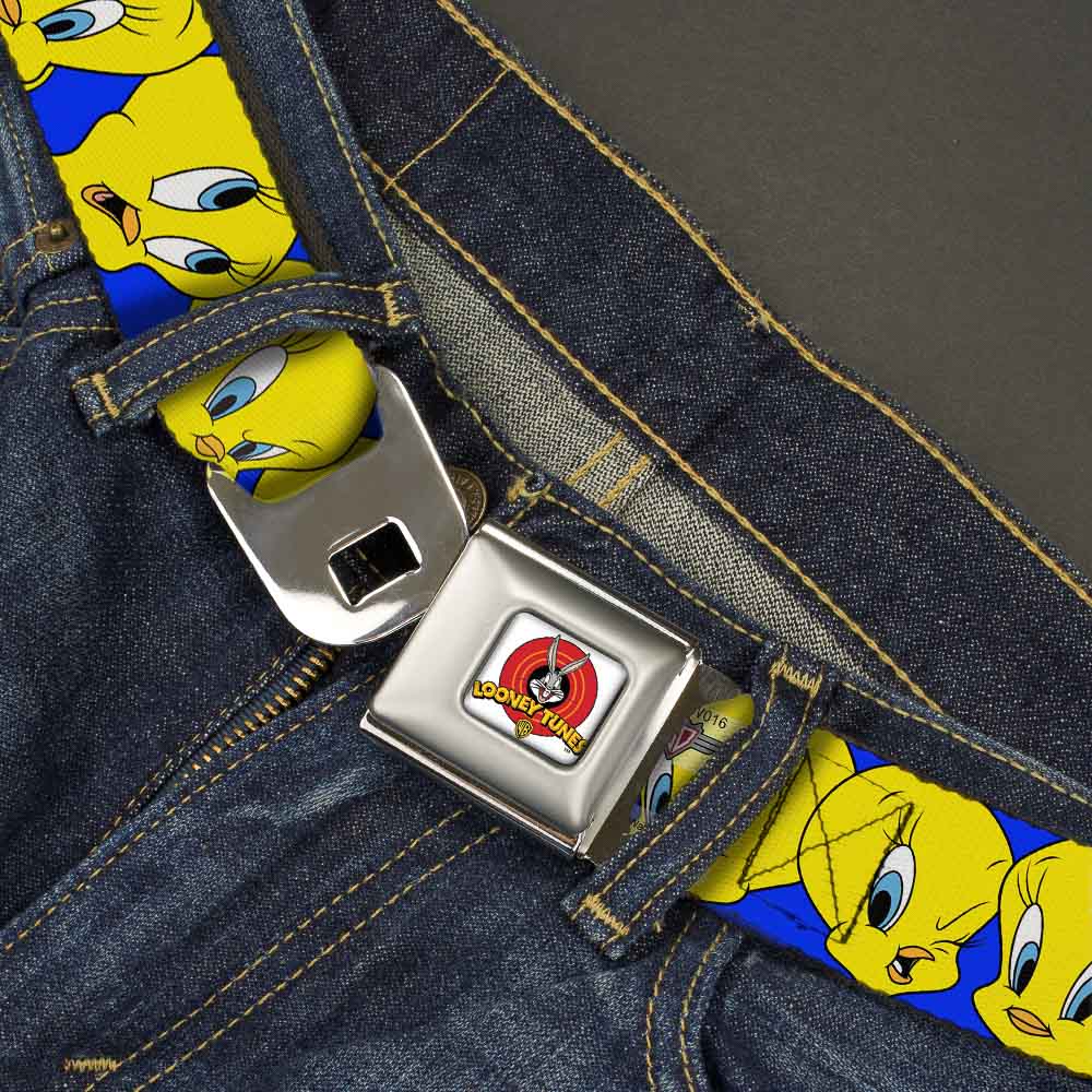 Looney Tunes Logo Full Color White Seatbelt Belt - Tweety Bird CLOSE-UP Expressions Royal Webbing Seatbelt Belts Looney Tunes
