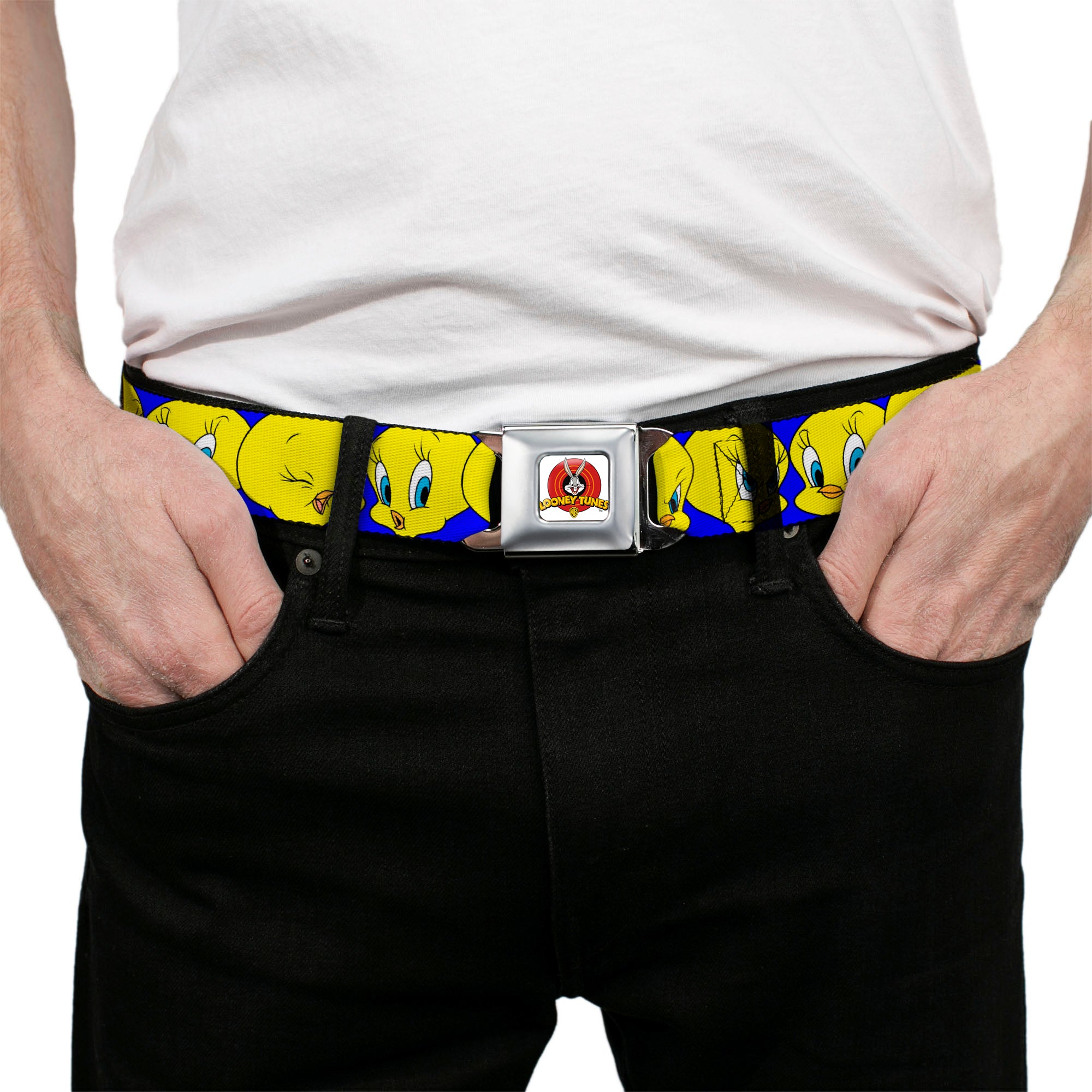 Looney Tunes Logo Full Color White Seatbelt Belt - Tweety Bird CLOSE-UP Expressions Royal Webbing Seatbelt Belts Looney Tunes