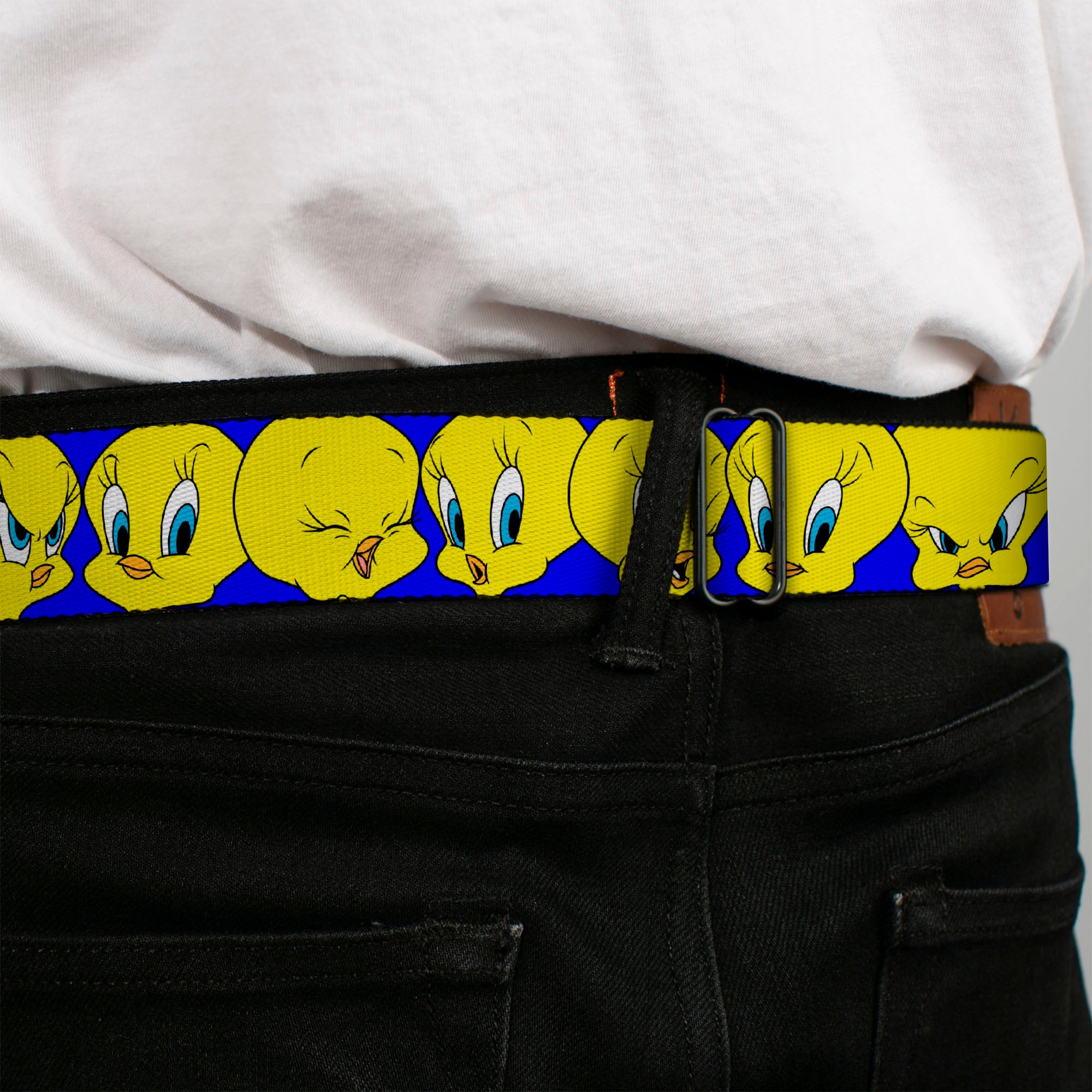 Looney Tunes Logo Full Color White Seatbelt Belt - Tweety Bird CLOSE-UP Expressions Royal Webbing Seatbelt Belts Looney Tunes