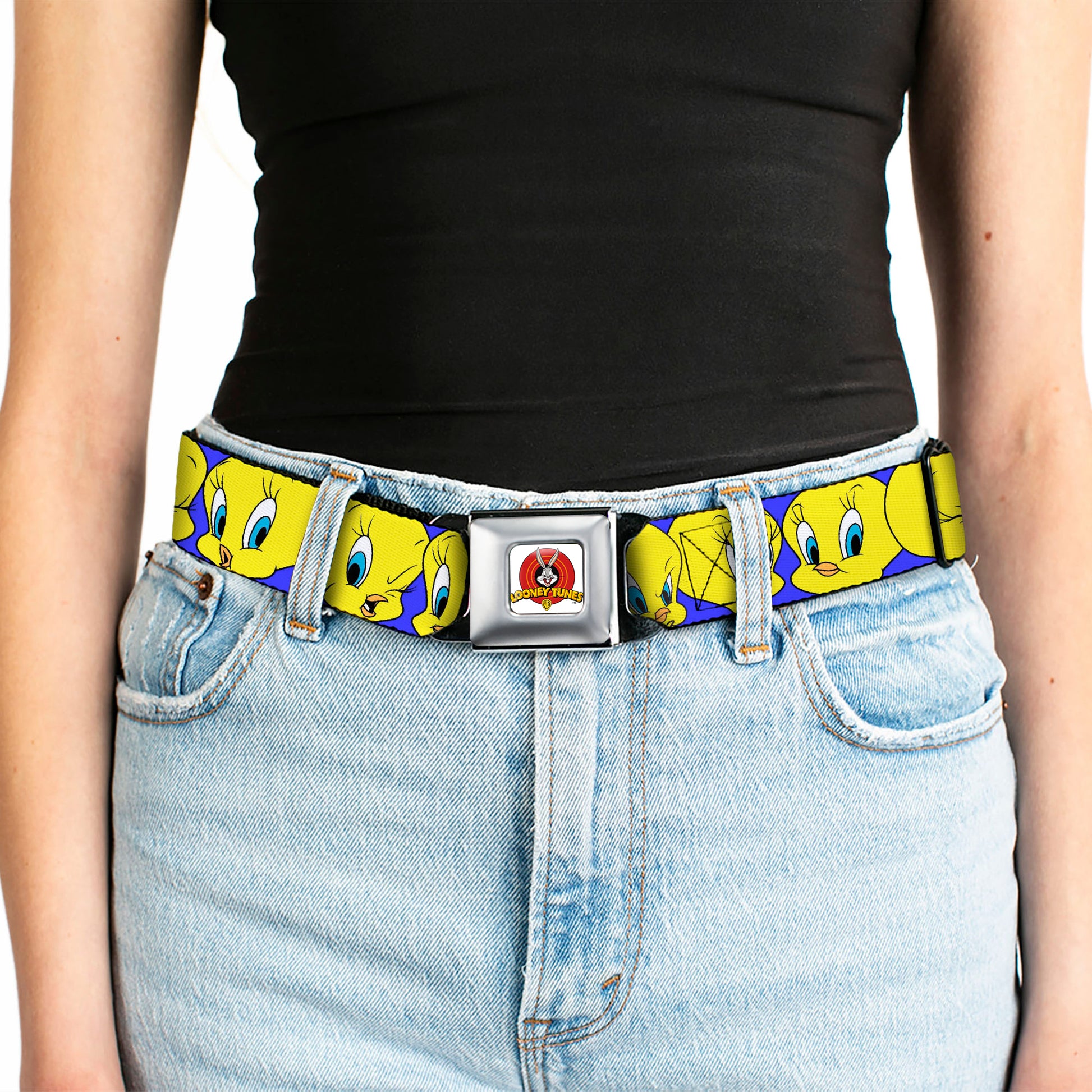 Looney Tunes Logo Full Color White Seatbelt Belt - Tweety Bird CLOSE-UP Expressions Royal Webbing Seatbelt Belts Looney Tunes