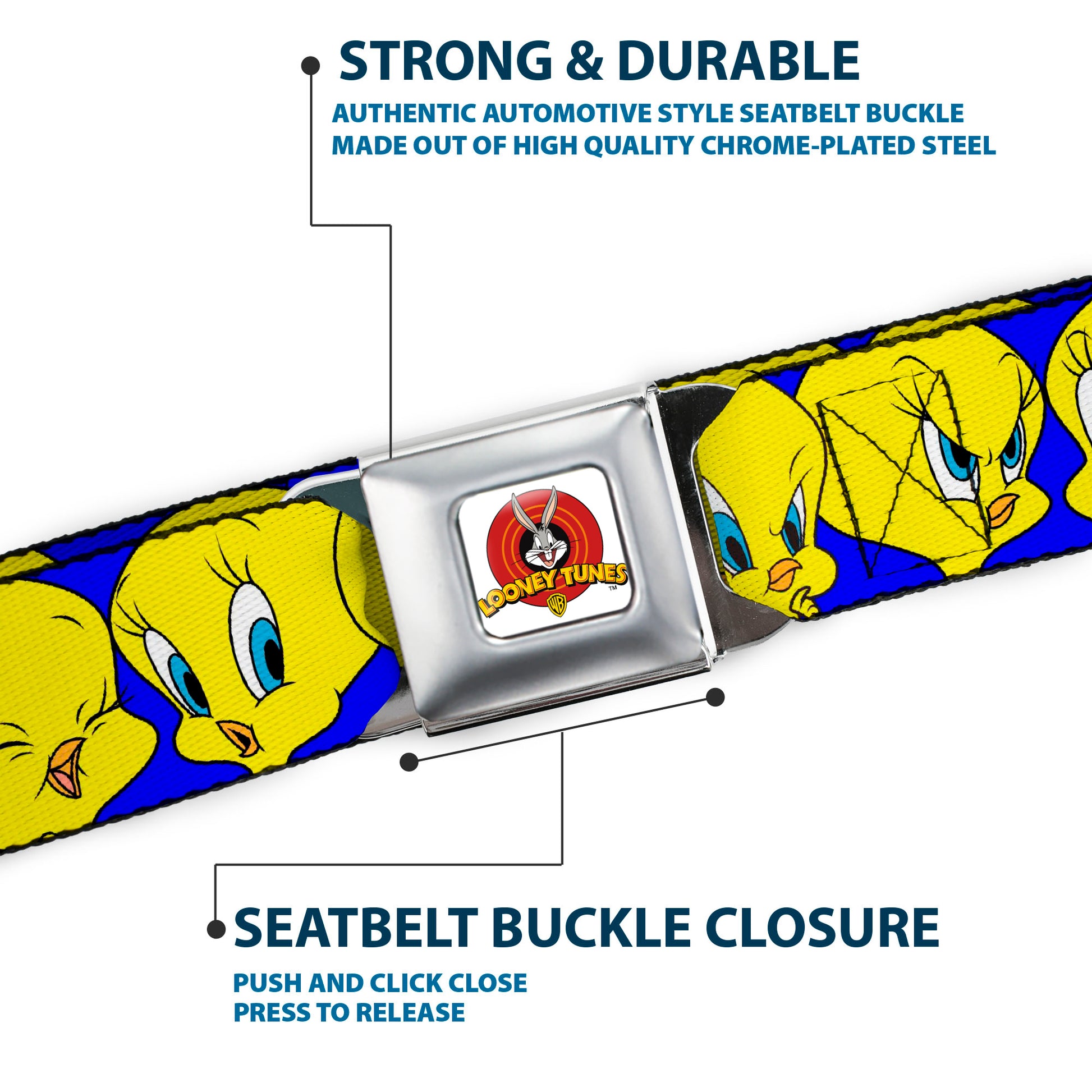 Looney Tunes Logo Full Color White Seatbelt Belt - Tweety Bird CLOSE-UP Expressions Royal Webbing Seatbelt Belts Looney Tunes
