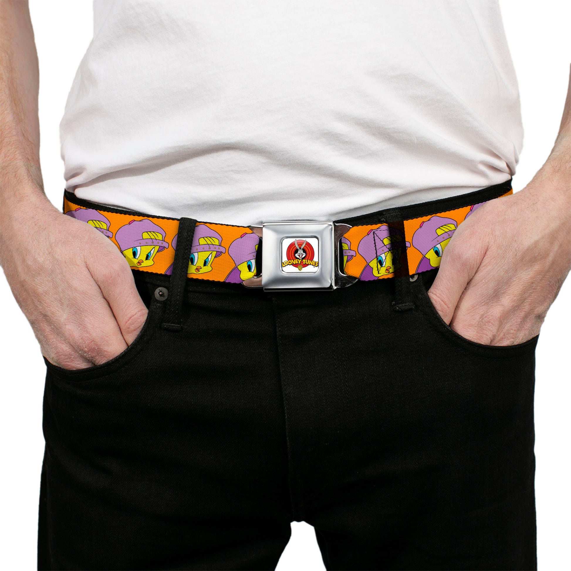 Looney Tunes Logo Full Color White Seatbelt Belt - Tweety Bird Hip Hop Expression Orange Webbing Seatbelt Belts Looney Tunes