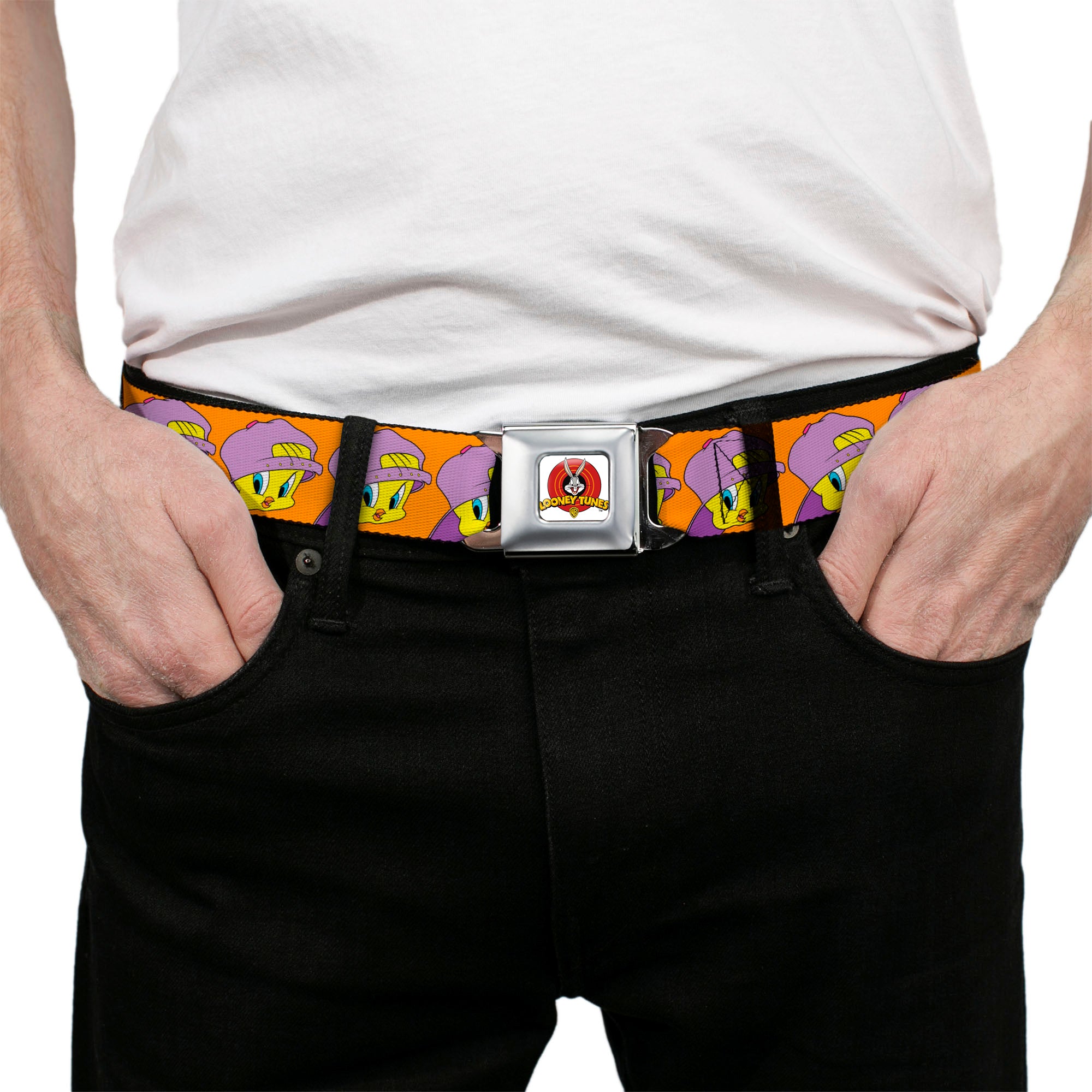Looney Tunes Logo Full Color White Seatbelt Belt - Tweety Bird Hip Hop Expression Orange Webbing Seatbelt Belts Looney Tunes