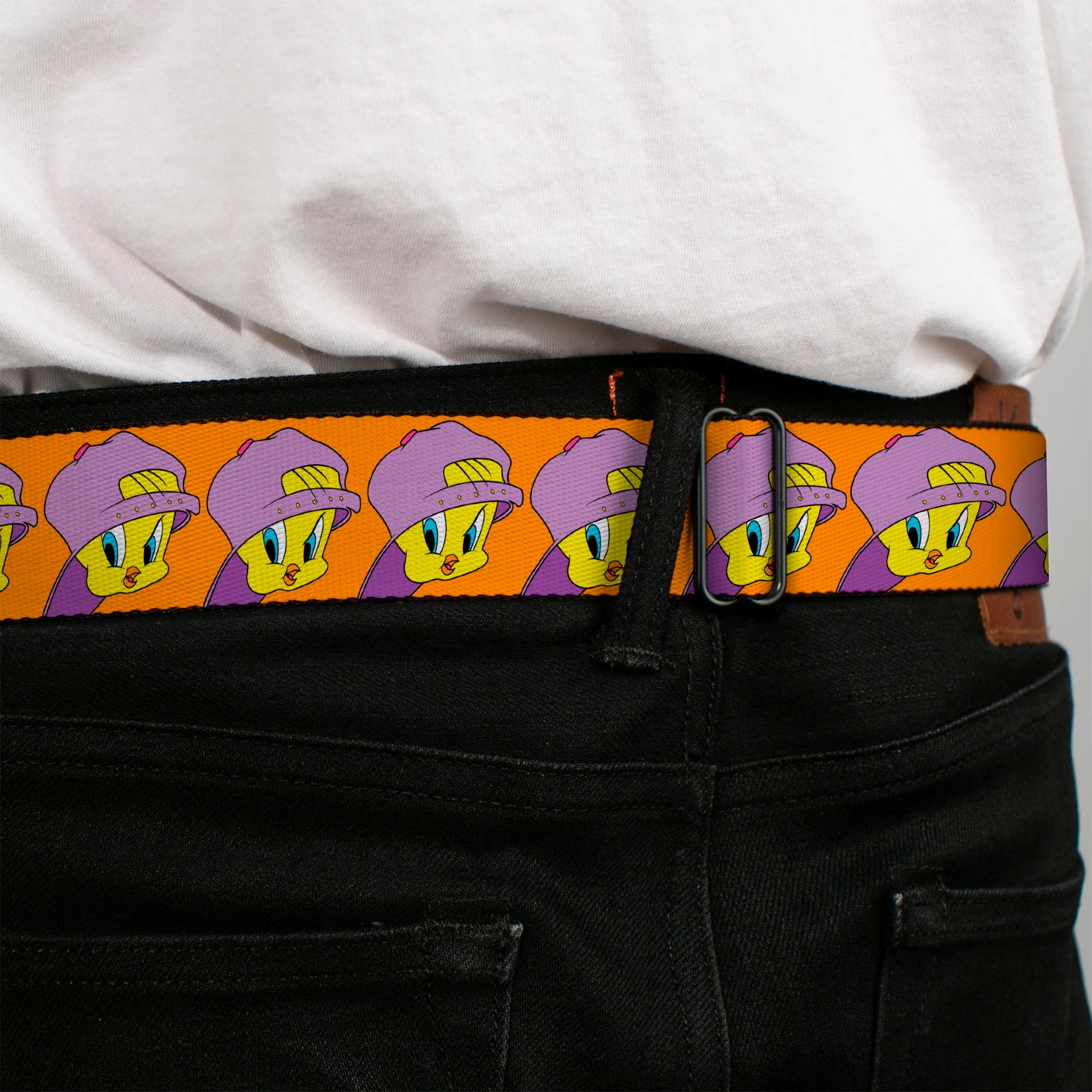 Looney Tunes Logo Full Color White Seatbelt Belt - Tweety Bird Hip Hop Expression Orange Webbing Seatbelt Belts Looney Tunes