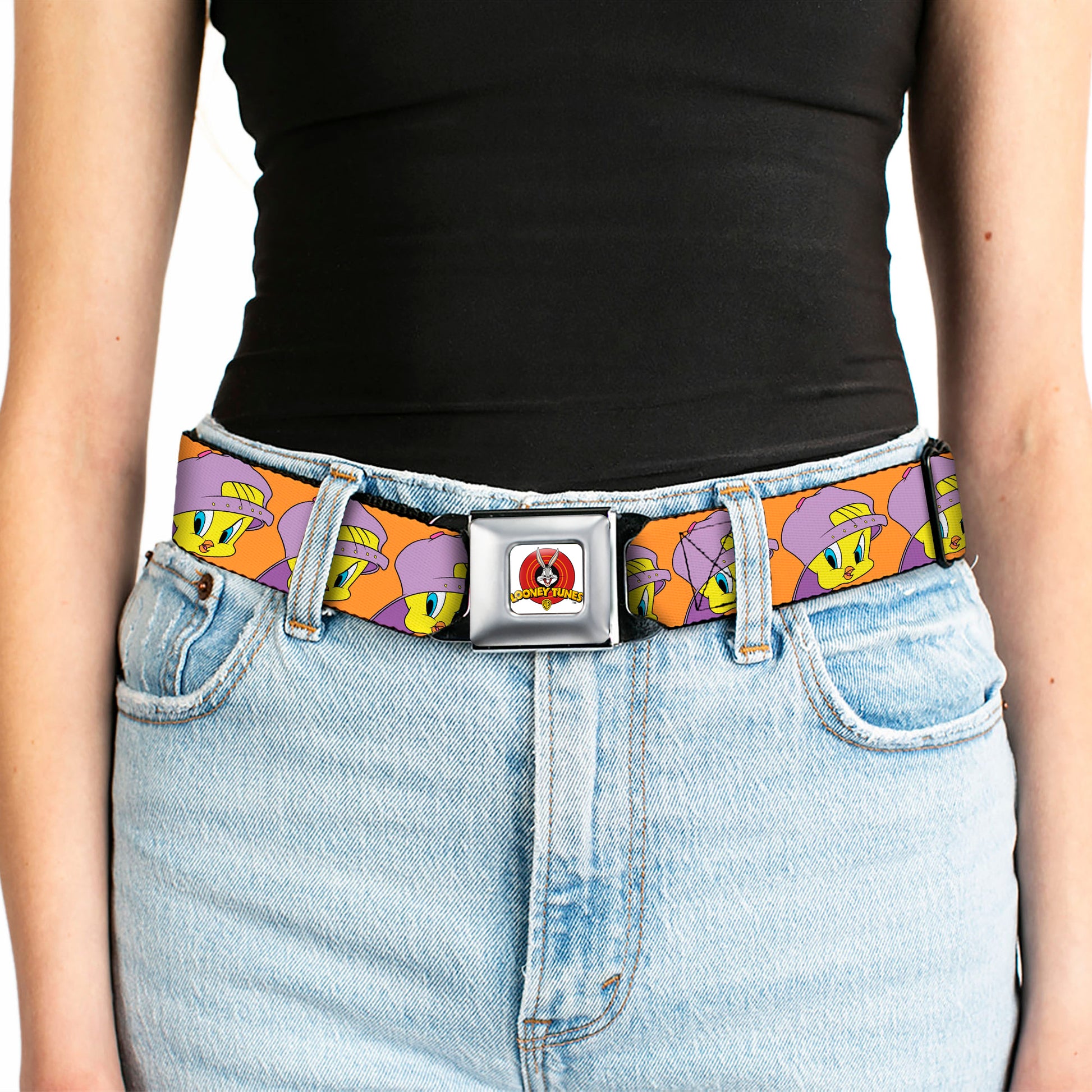 Looney Tunes Logo Full Color White Seatbelt Belt - Tweety Bird Hip Hop Expression Orange Webbing Seatbelt Belts Looney Tunes