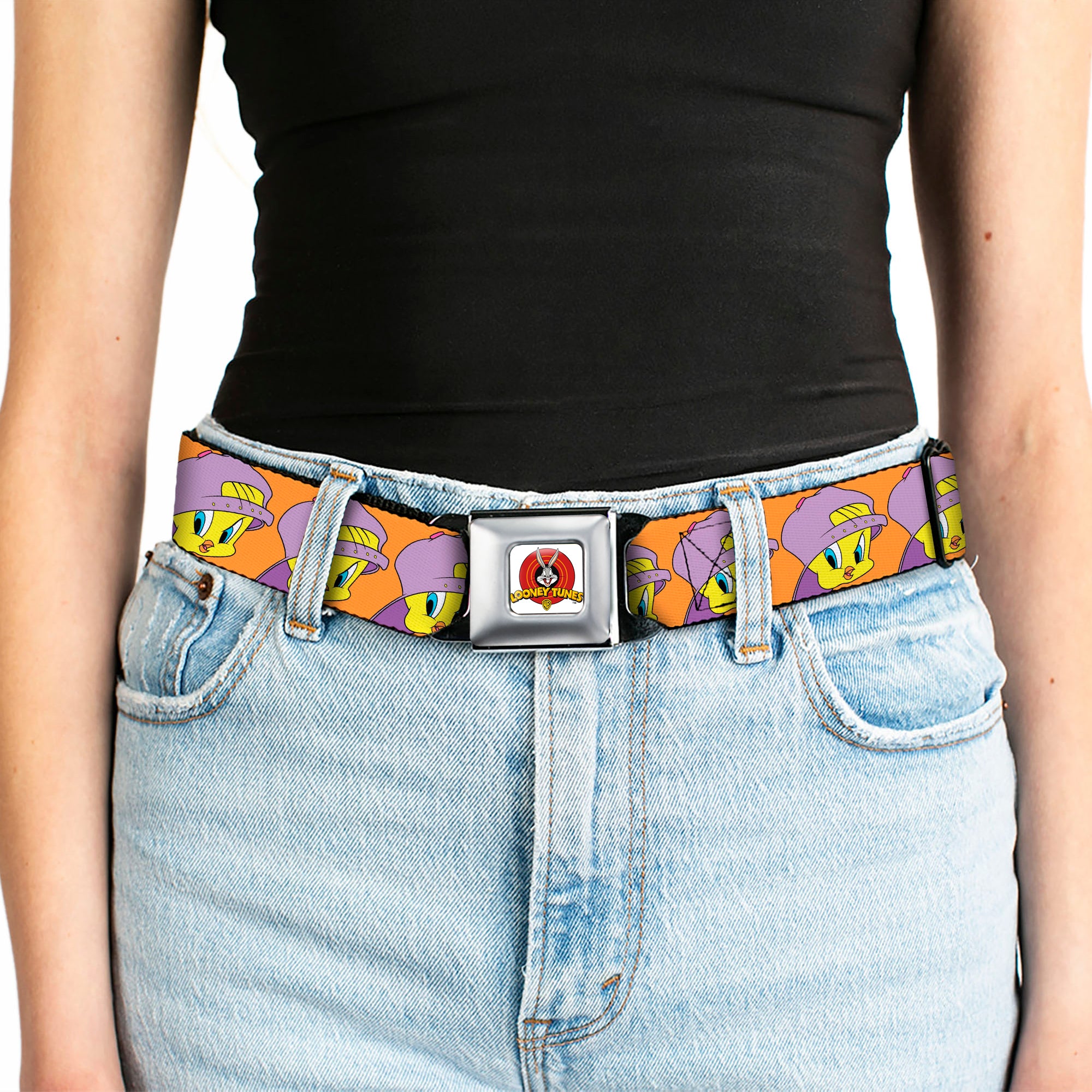 Looney Tunes Logo Full Color White Seatbelt Belt - Tweety Bird Hip Hop Expression Orange Webbing Seatbelt Belts Looney Tunes