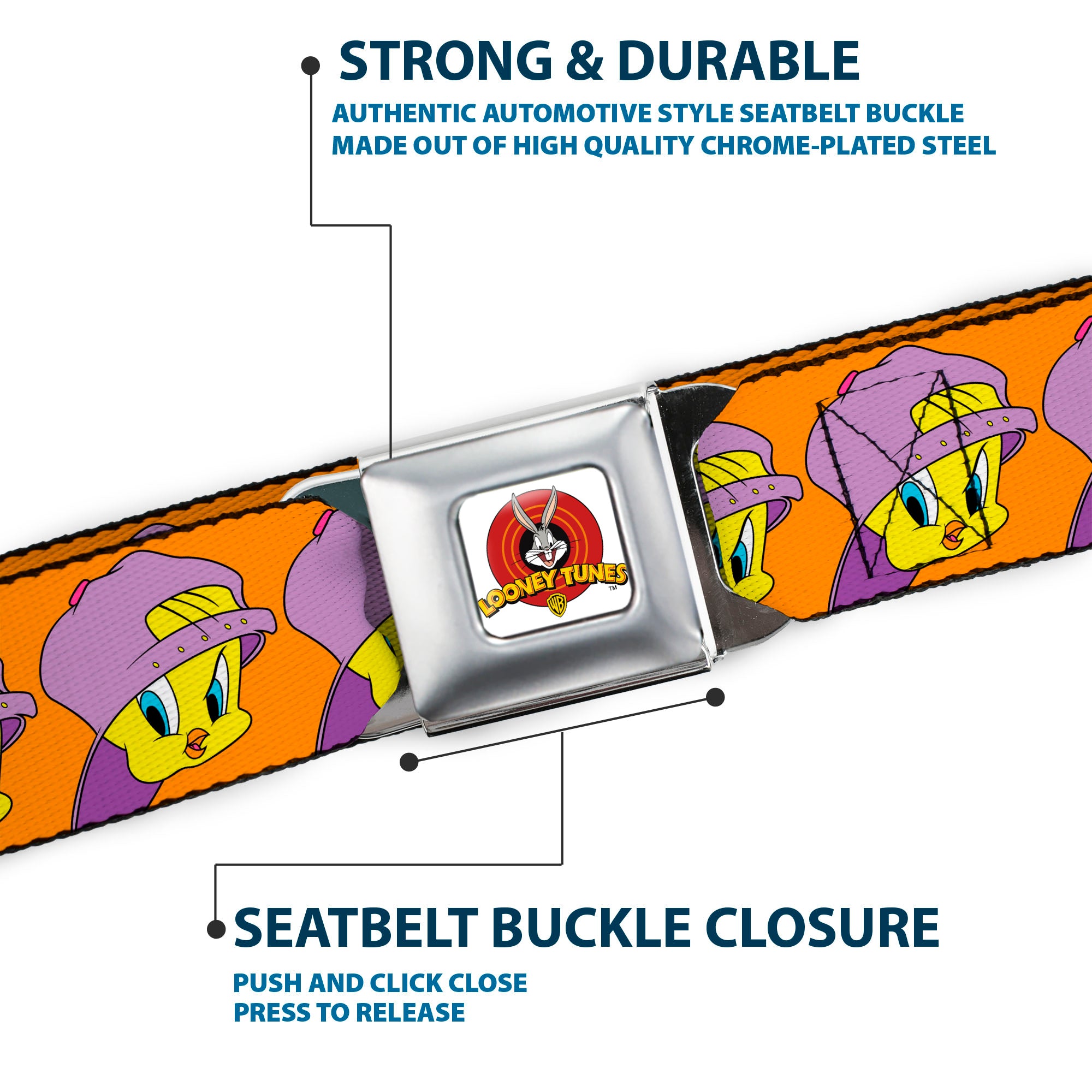 Looney Tunes Logo Full Color White Seatbelt Belt - Tweety Bird Hip Hop Expression Orange Webbing Seatbelt Belts Looney Tunes