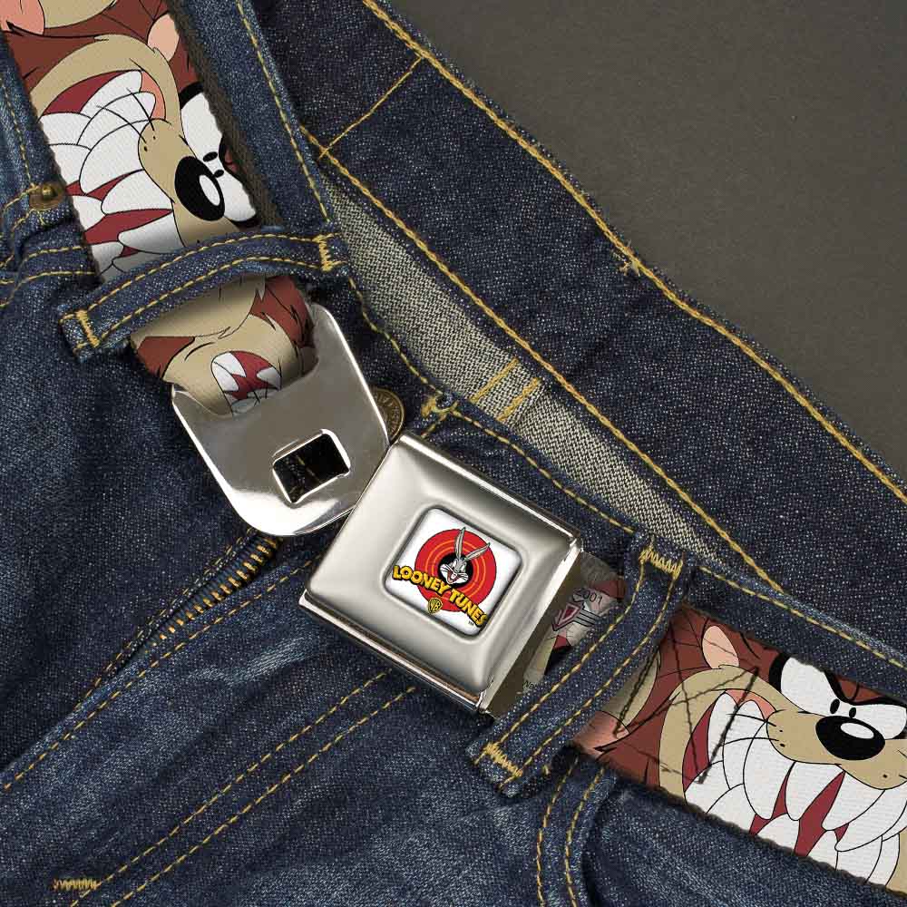 Looney Tunes Logo Full Color White Seatbelt Belt - Tasmanian Devil Expressions Brown Webbing Seatbelt Belts Looney Tunes
