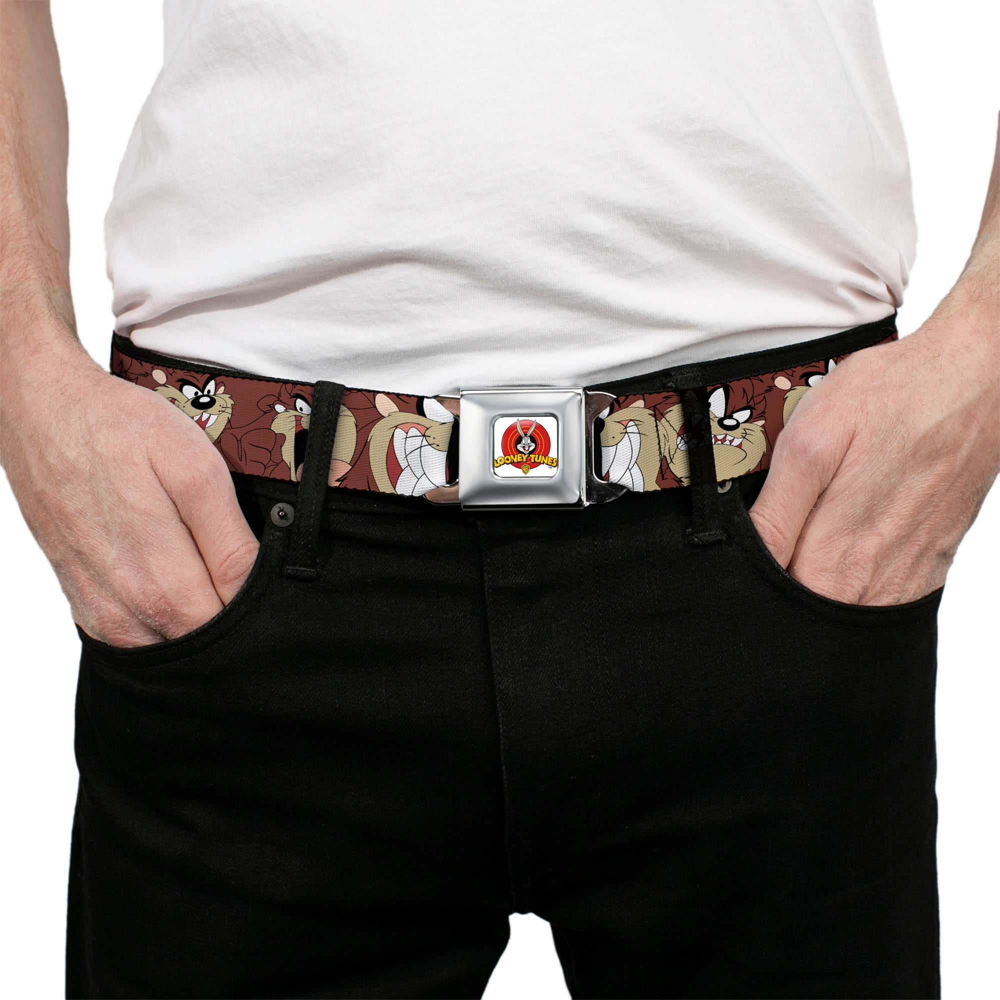 Looney Tunes Logo Full Color White Seatbelt Belt - Tasmanian Devil Expressions Brown Webbing Seatbelt Belts Looney Tunes