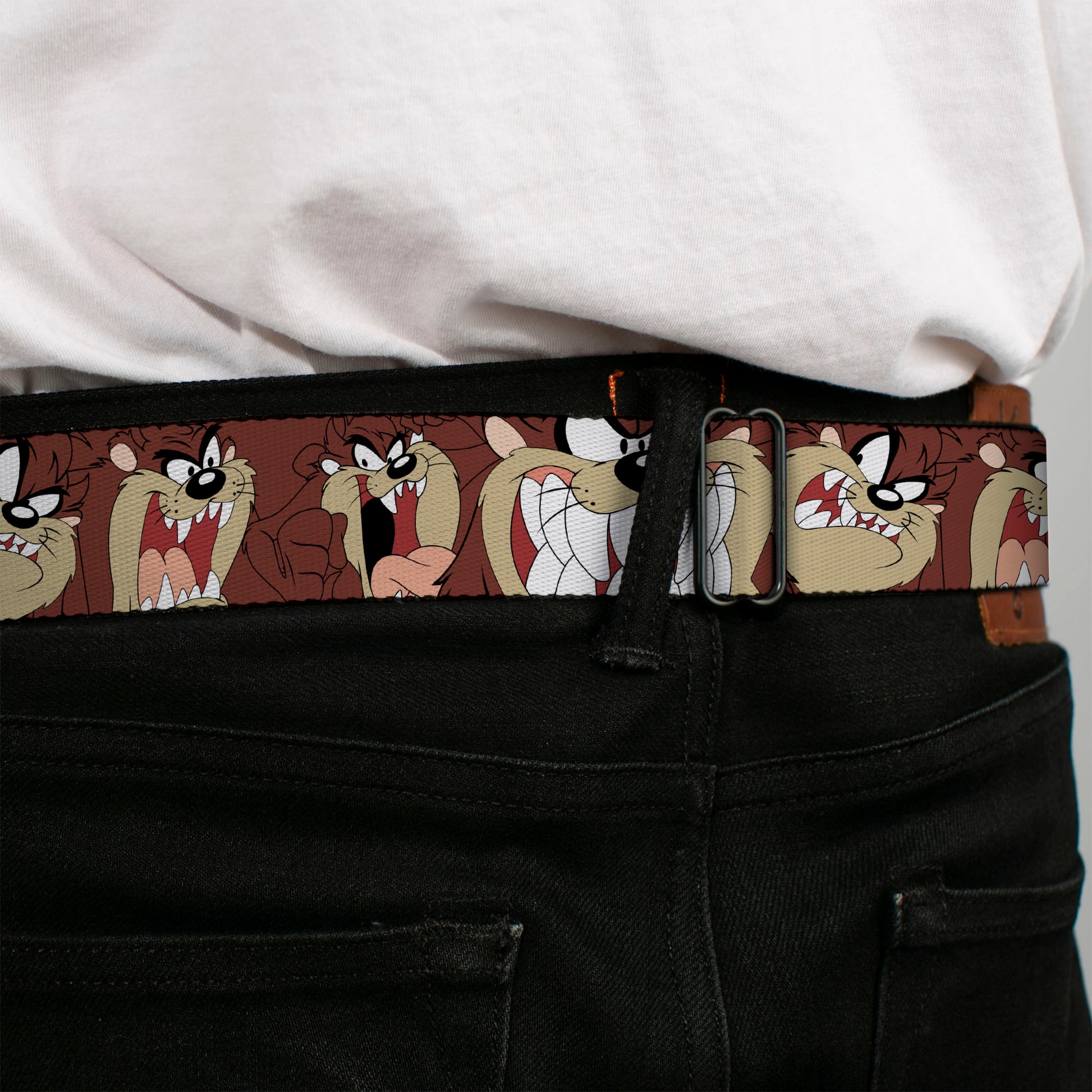Looney Tunes Logo Full Color White Seatbelt Belt - Tasmanian Devil Expressions Brown Webbing Seatbelt Belts Looney Tunes
