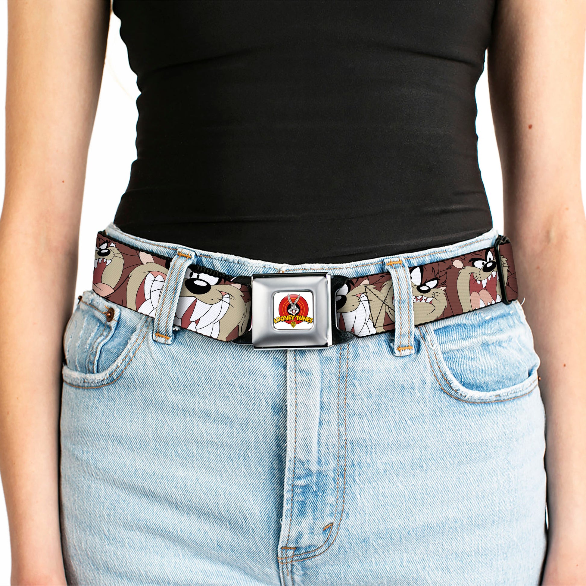 Looney Tunes Logo Full Color White Seatbelt Belt - Tasmanian Devil Expressions Brown Webbing Seatbelt Belts Looney Tunes