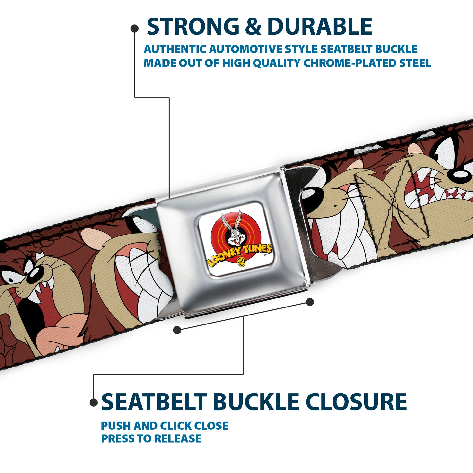 Looney Tunes Logo Full Color White Seatbelt Belt - Tasmanian Devil Expressions Brown Webbing Seatbelt Belts Looney Tunes